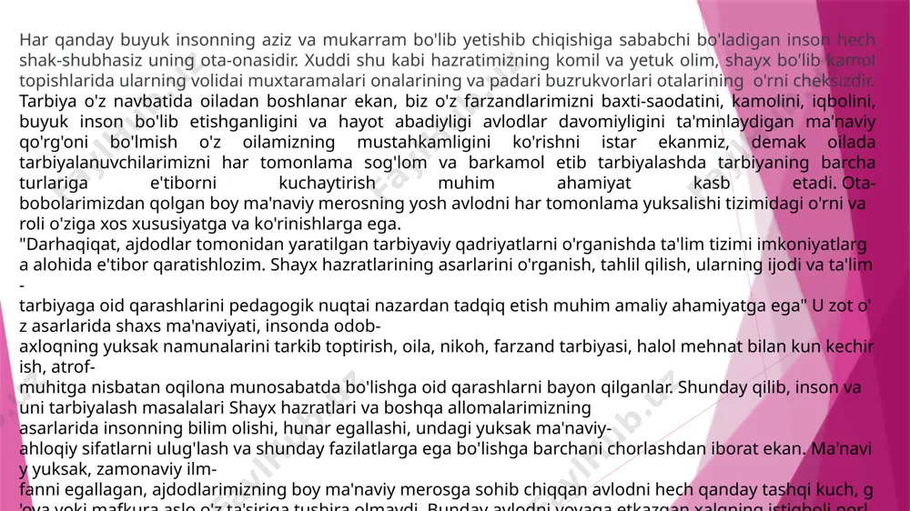 uz niyat, ixlos va ilm kitobi; 4-juz poklik kitobi; 5-juz namoz kitobi-1; 6-juz namoz kitobi-2; 7-juz namoz kitobi-3; 8-juz zakot kitobi; 9-juz roʻza kitobi; 10-juz haj va umra kitobi; 11-juz savdo, ziroat va vaqf kitobi; 12-juz faroiz va vasiyat kitobi; 13-juz nikoh, taloq va idda kitobi; 14/15-juzlar qasamlar, nazrlar va ov kitobi; 16/17-juzlar taom, sharob va libos kitobi; 18-juz tib va dam kitobi; 19-juz olamlarga raxmat paygʻambar; 20-juz anbiyolar qissasi; 21-juz abu bakr va umar roziyallohu anhumo; 22-juz usmon va ali ibn abu tolib roziyallohu anhumo; 23-juz jannat bashorat berilganlar va ahli bayt; 24-juz peshqadamlar roziyallohu anhum; 25-juz nubuvvat xonadoni xonimlari; 26-juz ansorlar roziyallohu anhum; 27-juz axyorlar va diyorlar fazli; 28-juz tafsir kitobi; 29-juz tafsir, tush va masallar kitobi; 30-juz qurʼon fazilatlari kitobi; 31-juz siyar va magʻoziylar kitobi; 32-juz fitnalar va qiyomat alomatlari kitobi; 33-juz siyar va magʻoziylar kitobi; 34-juz yaxshilik va axloq kitobi; 35-juz duolar, zikrlar, istigʻfor va tavba; …