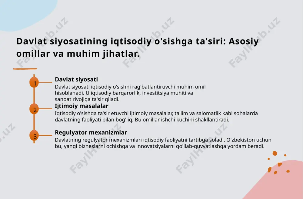 odiy o'sishga ta'siri: strategiyalar va maqsadlar. 01 davlat investitsiyalari davlat investitsiyalari iqtisodiy o'sish uchun muhim omil hisoblanadi, chunki ular infratuzilma, ta'lim va sog'liqni saqlash kabi sohalarga yo'naltiriladi. 02 strategik maqsadlar o'zbekiston hukumati iqtisodiy o'sishni kuchaytirish maqsadida investitsiyalarni jalb qilish, ish o'rinlarini yaratish va barqaror rivojlanishni ta'minlashga intiladi. 03 sektorlararo ta'sir davlat investitsiyalari qishloq xo'jaligi, sanoat va xizmatlar sohalarida o'sishni rag'batlantirib, iqtisodiy xilma-xillikni oshiradi va cheklovlarni kamaytiradi. 04 muvaffaqiyatli misollar o'zbekistonda davlat investitsiyalari orqali amalga oshirilgan loyihalar, masalan, qishloq xo'jaligi modernizatsiyasi va infratuzilma yangilanishi, iqtisodiy o'sishga ijobiy ta'sir ko'rsatdi. davlat investitsiyalarining sektorlarga ta'siri: qishloq xo'jaligi va sanoat misollarida. davlat investitsiyalari qishloq xo'jaligi va sanoatning rivojlanishida muhim rol o'ynaydi. masalan, qishloq xo'jaligiga investitsiyalar agrar texnologiyalarni joriy etish va mahsuldorlikni oshirishga yordam beradi. sanoat sektorida esa, davlat investitsiyalari ishlab chiqarishni modernizatsiya qilish va yangi ish o'rinlarini yaratadi. shunday qilib, davlatning investitsiya siyosati iqtisodiy o'sishga ijobiy ta'sir ko'rsatadi. o'zbekistondagi davlat investitsiyalari: muvaffaqiyatlar va muammolar. …