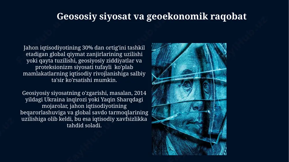 i pasayishi, milliy iqtisodiyotning barqarorligiga jiddiy tahdid soladi va inflyatsiya darajasini sezilarli darajada oshirishi mumkin. pandemiyalar va sog'liqni saqlash inqirozlar 2003-yildagi sars pandemiyasi singari kichik miqyosdagi pandemiyalar ham xalqaro turizm va investitsiyalarga sezilarli darajada ta'sir ko'rsatib, milliy byudjetlarga salbiy ta'sir qiladi va iqtisodiy o'sishni pasaytiradi. sog'liqni saqlash inqirozlarining tarqalishi xalqaro savdo zanjirlarini uzishi mumkin, bu esa tovarlarning yetishmasligiga va narxlarning keskin oshishiga olib keladi; misol uchun, 2020 yilda tibbiyot vositalarining etishmasligi kuzatildi. savdo urushlari va protektsionizm jahon savdo tashkiloti (wto) ma’lumotlariga ko‘ra, protektsionizm oqibatida 2023 yilda global savdo hajmi 10% ga kamayishi mumkin, bu kichik va o‘rta bizneslarga salbiy ta’sir ko‘rsatadi. proteksionizm siyosati, tariflar va kvotalar orqali importni cheklash natijasida, iste’molchilarga yuqori narxlar va mahsulotlar tanqisligi tahdidi tug’diradi, raqobatni susaytiradi. kiberxavfsizlik tahdidlari ma'lumotlarning o'g'irlanishi va firibgarlikning keng tarqalishi tufayli, kiberxavfsizlik tahdidlari tufayli global iqtisodiyotga yillik 6 trillion aqsh dollari miqdorida zarar yetkazilishi taxmin qilinmoqda. kiberjinoyatchilarning rivojlangan texnologiyalardan foydalanishi, masalan, sun'iy …