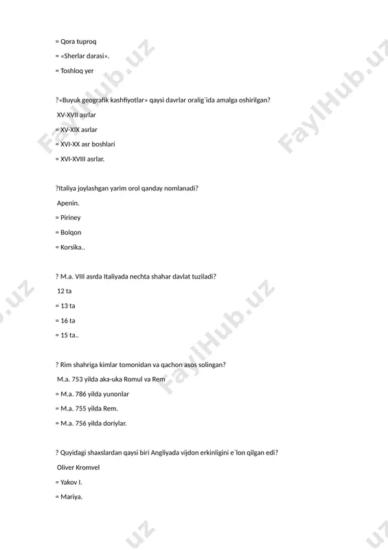 `rtasidagi kurashga chek qo`ygan bu voqea nima deb nomlanadi? sharafli inqilob = yashil inqilob = london bahori = huquqlar uchun kurash ? deklaratsiya so`zi qaysi tildan olingan? lotin. = yunon. = fransuz. = ingliz. ? sizga ma`lumki, angliya xviii asrda cheklangan monarxiya tuzumiga asoslangan davlat edi. bu davrda mamlakat parlamentida qaysi partiyalar faoliyat yuritar edi? torilar va vigilar = lordlar va konservatorlar = leyboristlar va demokratlar = respublikachilar va liberallar. ? xviii asrda angliya parlamentining vakolat muddati necha yil edi? 3 yil = 4 yil = 2 yil = 1 yil ? xristofor kolumb yashab o`tgan sanani aniqlang 1451-1506 yillar = 1434-1498 yillar = 1469-1512 yillar = 1454-1512 yillar ? xviii asrda angliyada davlat boshlig`i qirol bo`lganligi ma`lum. shu davrda mamlakat hukumatini tuzish ishlari qanday tashkil etilar edi? parlament saylovida g`olib chiqqan partiya hukumat tuzar edi. = hukumat yuqori palata vakillari tomonidan tuzilgan = hukumat quyi palata vakillari tomonidan tuzilgan …