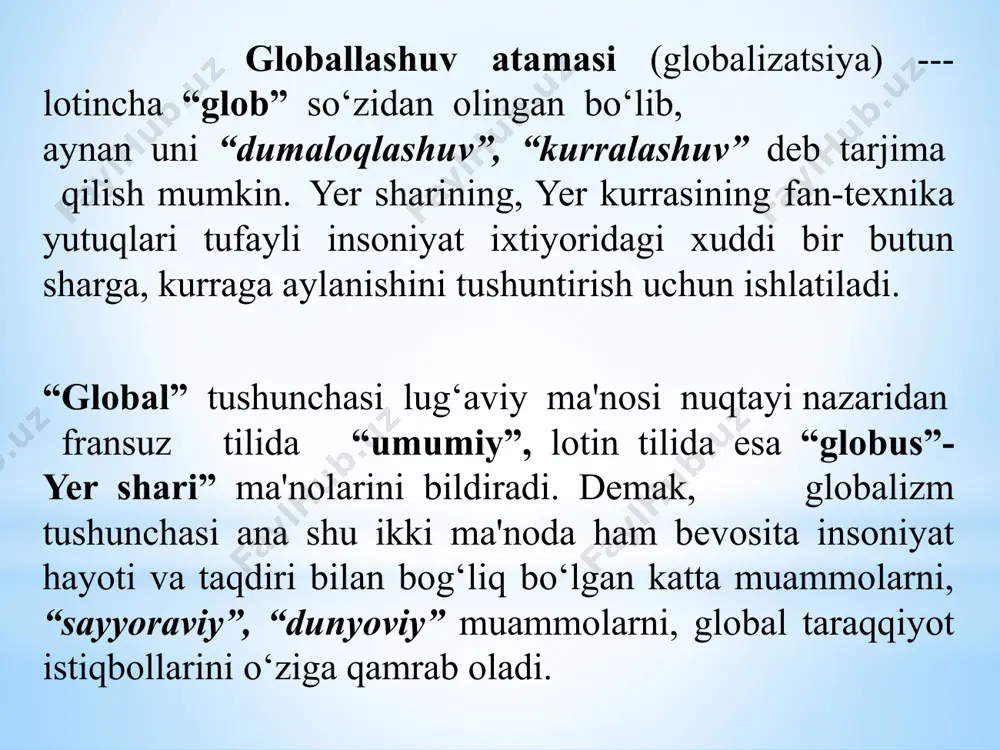 ar..., ular energiyaning yangi manba`larini kashf etdilar va emoqdalar, shuning bilan birga radioaktiv chiqindilar va yadroviy terrorizmdan qutulishday juda jiddiy muammolarini ham vujudga keltirdilar..., ayni paytda, zararli mikroorganizmlarning tabiiy tanlanish jarayonini kuchaytirdilar. bugungi kunda zamonamizning global muammolari deb ataluvchi muammolar haqida eshitmagan odamni uchratish qiyin. bu muammolarga: demografik, energetik, xom ashyo muammolari, urush va tinchlik muammosi, ekologiya, ochlik va boshqalar kiradi. xx arsning 40-yillardayoq k.yaspers (nemis faylasufi) shunday deb yozgan. «barcha mavjud muammolar dunyo muammolari bo‘lib qoldi, vaziyat - umum insoniyatning vaziyatiga aylandi». global muammolar - bu shunday muammolarki, ular butun insoniyatning manfaatlariga daxl qiladi, uning kelajagiga xavf soladi hamda ular butun xalqaro hamjamiyatning ishtiroki bilangina hal etilishi mumkin. global muammolar qanday paydo bo’ladi? global muammolar xx asr mahsulidir va ularning paydo bo‘lishi inson faoliyati bilan bog‘liq. global muammolarning paydo bo‘lishining sababi inson faoliyati bilan bugungi tabiatdagi va jamiyatdagi ahvol o‘rtasidagi qarama-qarshilikning o‘sib borishidir. global muammolar 1. tinchlik muammosi 2. …