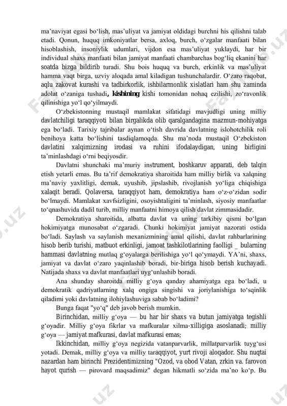 yaxshi anglab yetib, shunga qarab faoliyat olib borishi lozim bo‘ladi. ammo bu jabhada muammolarimiz ko‘p. zero, demokratiya — erkin yashash va erkin faoliyat olib borish, fikr bildirish, o‘z irodasini ifodalash, haq- huquqlaridan bemalol foydalanish va jamiyat ishlariga faol qatnashishni anglatadi. o‘zbekiston respublikasi konstitutsiyasi bunga to‘la kafolat beradi va har bir fuqaroning huquqini himoya qiladi. biroq ayni vaqtda, demokratiya yuksak 1 karimov i.a. ozod va obod vatan, erkin va farovon hayot — pirovard maqsadimiz. 8-jild. — t.: "o‘zbekiston", 2000. — 19- bet. ma’naviyat egasi bo‘lish, mas’uliyat va jamiyat oldidagi burchni his qilishni talab etadi. qonun, huquq imkoniyatlar bersa, axloq, burch, o‘zgalar manfaati bilan hisoblashish, insoniylik udumlari, vijdon esa mas’uliyat yuklaydi, har bir individual shaxs manfaati bilan jamiyat manfaati chambarchas bog‘liq ekanini har soatda bizga bildirib turadi. shu bois huquq va burch, erkinlik va mas’uliyat hamma vaqt birga, uzviy aloqada amal kiladigan tushunchalardir. o‘zaro raqobat, aqlu zakovat kurashi va tadbirkorlik, ishbilarmonlik xislatlari …