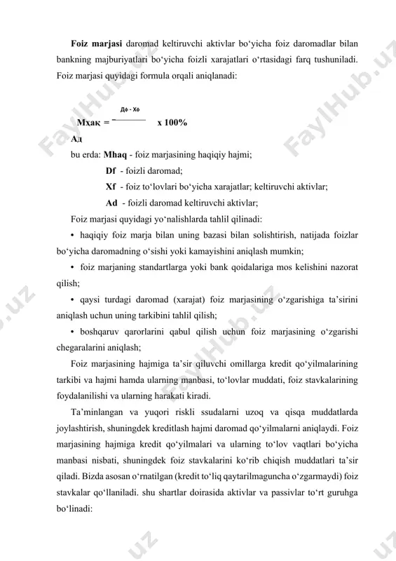 stavkalarning, muddatlarning, aktivlarning diversifikatsiyasini qo‘llab-quvvatlash; · foiz stavkaning o‘zgarish bosqichlariga bankning aktiv va passivlarini boshqarish strategiyasini mos tanlash. masalan, past foiz stavkalarning o‘sishi kuzatilganda majburiyatlar bo‘yicha mablag‘lar muddatini oshirish, o‘rnatilgan foiz stavkalardagi kreditlar hajmini kamaytirish, investitsiya muddatlarini qisqartirish, uzoq muddatli qarzlarni jalb qilish va kredit limitlarini yopishga to‘g‘ri keladi. aktiv va passivlar, foiz stavkalarning muddatlariga bog‘liq holda foiz marjasining o‘zgarishi quyidagicha ifodalanadi: m = aps x i bu erda: m - foiz marjasi; i - foiz stavkalarining o‘zgarishining kutilishi. bankning foiz riskiga tushib qolish darajasini baholashda ko‘yidagi ko‘rsatkich qo‘llaniladi: fr = aps/aktivlar x 100% foiz siyosatini erkin yuritilishi uchun bank, uning xizmatlari qiymati koeffiitsenti qaysi chegaralarda olib borilayotganligini bilish kerak. ushbu ko‘rsatikch ta’minlanmagan xarajatlar hajmini aks ettiradi. bu ko‘rsatkich minimal foiz marjasi (mmin) ko‘rinishida aniqlanadi, ya’ni xarajatlarni qoplash imkonini beruvchi, lekin foyda olib kelmaydigan aktivlar va passiv operatsiyalar bo‘yicha minimal stavkalarni ko‘rsatadi. u quyidagicha aniqlanadi: хт - хб 4 ммин …