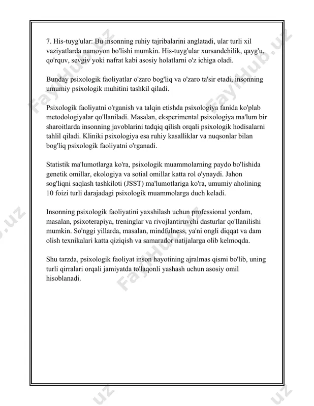 l o'ynaydi. ijodiy faoliyat insonni o'z malakasini, bilim va tajribasini oshirishga, yangi narsalarni o'rganishga undaydi. oltinchi shakl bu ozini anglash faoliyati bolib, odam ozining ichki dunyosini tushunishga, oz his-tuygulari, ehtiyoj va qiymatlarini anglashga intiladi. ozini anglash tufayli insonlar oz hayotlari togrisida yaxshiroq qarorlar qabul qiladilar va shaxsiy osishlariga erishadilar. bu jarayonda refleksiya, ozini baholash va oz-ozini rivojlantirish kabi jarayonlar amalga oshadi. asosan, psixologik faoliyatning bu shakllari shaxs va jamiyat rivojida muhim rol oynaydi va inson turli vaziyatlarda ozini qanday tutishi kerakligini belgilaydi. bu jarayonlar orqali inson oz hayotida muvozanat va uygunlikka erishadi. 3. psixologik faoliyatning asosiy sohalari psixologik faoliyatning asosiy sohalari haqida gapirganda, psixologiya fanining keng qamrovli yo'nalishlari nazarda tutiladi. psixologiya insonning ichki holati, ong, xatti-harakatlar va hissiy kechinmalarini o'rganadi. asosiy psixologik faoliyat sohalariga quyidagilar kiradi: 1. kognitiv psixologiya: bu soha insonning bilim olish, eslash, diqqatni jamlash va qaror qabul qilish kabi ongli jarayonlarini o'rganadi. kognitiv jarayonlar miyadagi axborotni qayta …