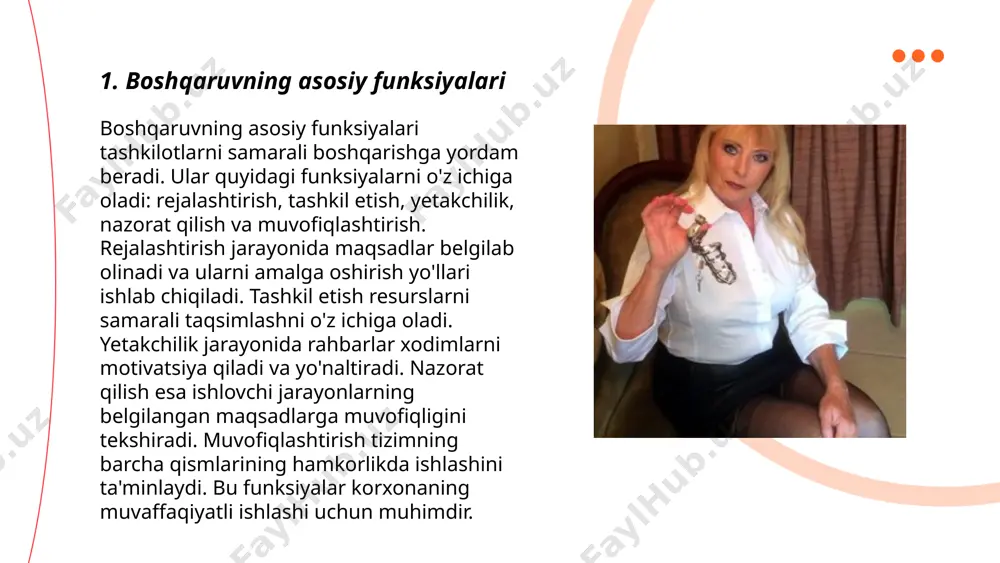 -quvvatlaydi va bu ularning bozorda raqobatbardoshligini oshiradi. to'g'ri boshqaruv har yili to'lovlarni 15% ga pasaytirishi mumkin. ... t.me/slaydai_bot innovatsion boshqaruv yondashuvlari zamonaviy tashkilotlar uchun muhim ahamiyatga ega. ushbu yondashuvlar qatoriga tejamkorlik, tahliliy qaror qabul qilish, moslashuvchan tashkilot tuzilmasi va progressiv texnologiyalardan foydalanish kiradi. statistika ko‘rsatadiki, oxirgi 10 yil ichida innovatsion boshqaruvni joriy qilgan kompaniyalar 30% ga ko‘proq daromad olganlar. aqshda 70% korxonalar innovatsion yondashuvlarni qo‘llashni rejaga kiritgan. global miqyosda esa, 80% rahbarlar innovatsiyani biznesni rivojlantirish uchun eng asosiy omil deb bilishadi. shu orqali tashkilotlar bozor talablari va raqobatchilarga moslashib, o'z pozitsiyalarini mustahkamlaydi. ... t.me/slaydai_bot 7. jamoa boshqaruvi va guruh dinamikasi jamoa boshqaruvi va guruh dinamikasi samarali ish ko'rsatish uchun muhimdir. tadqiqotlar jamoaviy ishlar 25 foizgacha samaradorlikni oshirishi mumkinligini ko'rsatadi. jamoada rol taqsimoti va kommunikatsiya qulayroq bo'lishi kerak, chunki bu maqsadga erishishni 20 foizga tezlashtiradi. har ikki haftada 1-2 marta uchrashuvlar o'tkazish to'g'ri qaror qabul qilishni oshiradi. guruh a'zolarining 85 foizi …