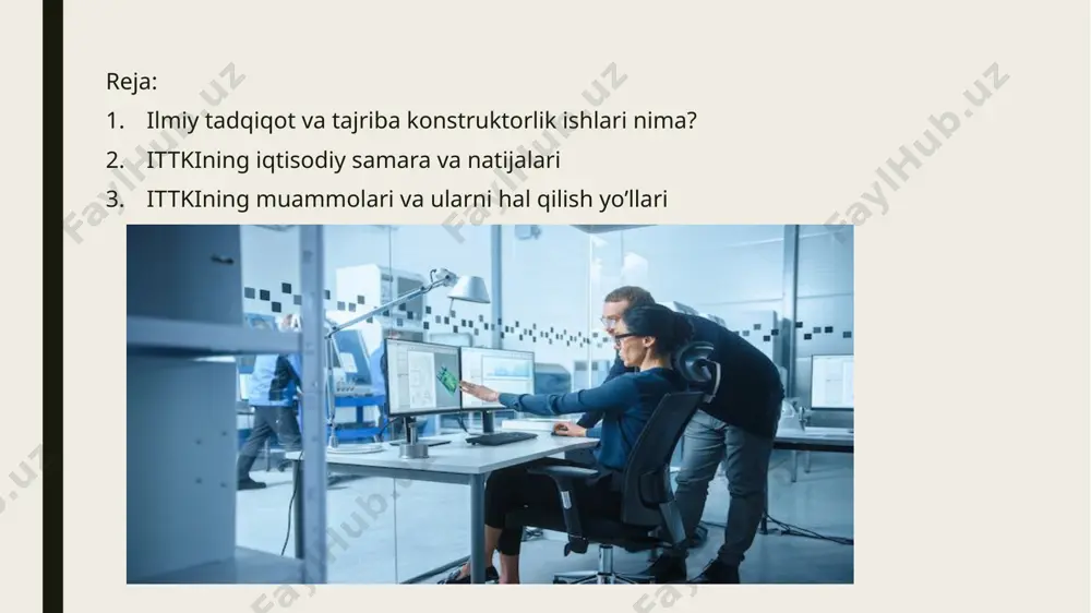 sulotlar yaratish raqobatbardoshlikni oshiradi. ilmiy tadqiqotlarga investitsiya kiritgan davlatlarning yaim (gdp) ko‘rsatkichlari o‘sishi kuzatiladi. misol: aqsh, germaniya va janubiy koreya kabi davlatlar ittki orqali yuqori texnologiyali sanoatni rivojlantirib, iqtisodiy taraqqiyotga erishgan. 2. yangi ish o‘rinlari yaralishi ilmiy tadqiqotlar va yangi innovatsion mahsulotlar tufayli yangi sanoat tarmoqlari paydo bo‘ladi. rivojlangan texnologiyalar natijasida ishlab chiqarish jarayonlari avtomatlashtirilsa ham, yuqori malakali mutaxassislarga talab ortadi. misol: sun’iy intellekt va avtomatlashtirish natijasida an’anaviy ish o‘rinlari kamaygan bo‘lsa-da, it va muhandislik sohalarida yangi ish o‘rinlari yaratilmoqda. 3. ishlab chiqarish samaradorligi oshishi innovatsion ishlab chiqarish usullari orqali resurslardan samarali foydalanish. xarajatlarni kamaytirish va foydani oshirish. energiya tejovchi texnologiyalar ishlab chiqilishi orqali ekologik barqarorlikni ta’minlash. misol: toyota kompaniyasining “lean manufacturing” (tejovchi ishlab chiqarish) tizimi avtomobilsozlikda resurslardan samarali foydalanish imkonini berdi. 4. ilmiy-texnikaviy taraqqiyot va eksport salohiyatining oshishi ilmiy tadqiqotlar va yangi texnologiyalar natijasida mamlakat eksport hajmi oshadi. yangi texnologik mahsulotlar xorijiy bozorlarga chiqish imkoniyatini kengaytiradi. ittki orqali rivojlangan …