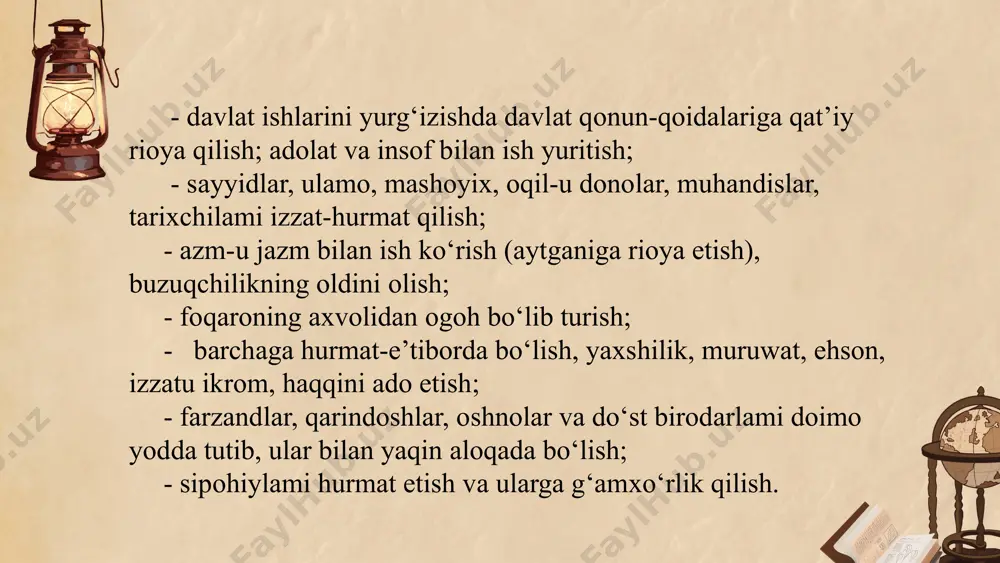 uliyatli va sharafli, ayni vaqtda murakkab ish sanaladi. ushbu faoliyatni samarali yo‘lga qo‘yish mudarris hamda ustoz-murabbiylaming muayyan talablarga to‘laqonli javob bera olishlariga bog‘liq. mutafakkir o‘qituvchining hurmatini qay darajada yuqori baholasa, uning shaxsi va faoliyatiga nisbatan talabni shu darajada oshiradi. ayniqsa, madrasa mudarrislarining bilimli, kamtar va ma’naviy jihatdan pok bo‘lishlarini talab etadi. bu boradagi qarashlarini quyidagicha ifoda etadi: “mudarris (dars beruvchi) kerakki, g‘arazi mansab bo‘lmasa va manmanlik uchun dars berishga havas ko'rgizmasa va olg'irlik uchun gap-so‘z va g‘avg‘o yurgizmasa, nodonlikdan sallasi katta va pechi uzun bo‘lmasa, gerdayish uchun madrasa ayvoni boshi unga o‘rin bo‘lmasa. yaramasliklardan qo‘rqsa,o‘zini olim bilib, ishlarni qilmoq undan sodir bo‘lsa va qilar ishlarni qilmaslik unga qoida va odat bo‘lib qolsa. bu mudarris emasdir, yomon odati tarqatuvchidir”. alisher navoiy “muruvvat va saxovat” to‘g‘risida saxovat insoniyat bog‘ining borvar shajaridur (boqiy ildizidir), balki ul shajaring mufid samaridur (hosilasidur). odamiylik kishvarining bahri mavjvari (odamiylik dengizining mavjlari), balki ul mavj bahrining samin gavhari... …