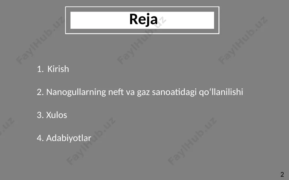 radi. 7 neftni tozalash va qayta ishlash neftni qayta ishlash zavodlarida nanogullar quyidagi maqsadlarda qo‘llaniladi: reaktsiyalarni tezlashtirish uchun samarali katalizator sifatida. aralashmalarni yuqori aniqlikda ajratib olishda. 8 atrof-muhitni muhofaza qilish nanogullar ekologik xavfsizlikni oshirishda muhim rol o‘ynaydi: neft to‘kilishlarini tozalashda. sanoat chiqindilarini zararsizlantirishda. uglerod dioksidi chiqindilarini pasaytiruvchi texnologiyalarni yaratishda. 9 yangi materiallar yaratish nanogullardan yasalgan materiallar yuqori harorat va bosimga chidamli bo‘lib, qiyin qazib olish sharoitlarida foydalaniladi. 10 xulosa nanogullar neft va gaz sanoatini modernizatsiya qilishda strategik ahamiyatga ega bo‘lib, qazib olish, qayta ishlash va ekologik xavfsizlikni yaxshilashda katta imkoniyatlar taqdim etmoqda. ularning keng qo‘llanilishi sohaning iqtisodiy samaradorligini oshirish bilan birga, atrof-muhitga zarar yetkazmaslikni ham ta’minlaydi. 11 adabiyotlar 1. qurbanov, a. "nanotexnologiyalar va ularning sanoatda qo‘llanilishi." – toshkent, 2020. 2. islomov, z. "neft va gaz sanoati: innovatsion yondashuvlar." – o‘zbekiston milliy ensiklopediyasi, 2019. 3. singh, r. k., & gupta, n. "nanotechnology in oil and gas industry: challenges and applications." – …