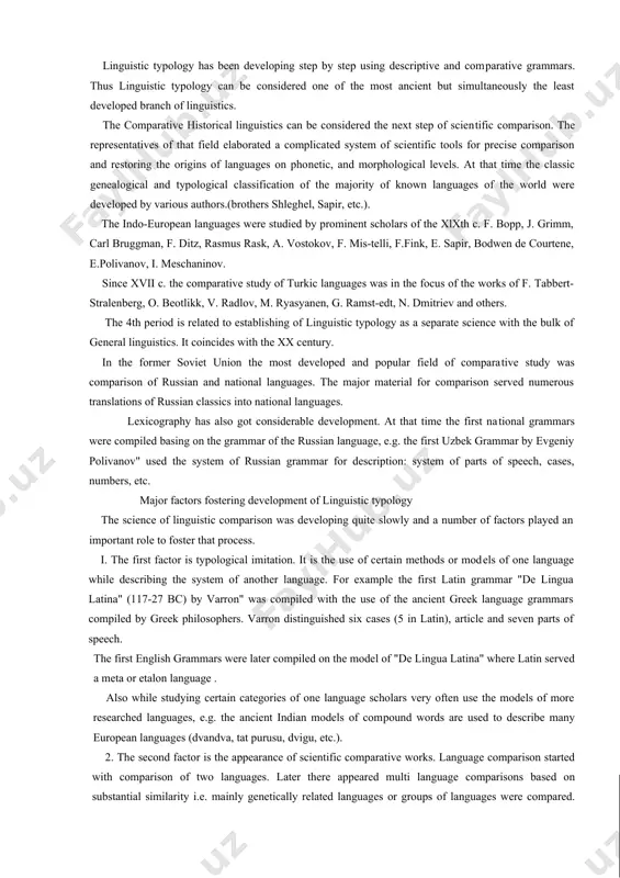 as its own history. divan-lugat at-turk by mahmud kashgariy is considered the most solid work on linguistic compari​son of turkic languages. mahmud kashgariy analyzed phonetic, grammatical and lexical units of a group of turkic languages and defined the level of their genetic relation to each other. further development of comparative study can be traced in appearance of glossaries and dictionaries, e.g. turkic-mongol-persian dictionary-compiled in egypt (1245), latin-persian kypchak dictionary (kumanikus code, xii c), and other works. one of the most prominent work is the poem of alisher navoi "muhokamatul ai-lugatain" (debate of two languages) written in 1499. navoi compares lexical, grammatical and word building specificities of 2 geneti​cally non-related languages: old uzbek and persian. navoi reveals a number of lan​guage specificities of uzbek which did not have direct correspondences in persian, e.g. suffixes of reflexivity, reciprocity, causation, modality, comparativeness, etc. the third period is related to development of comparative historical …