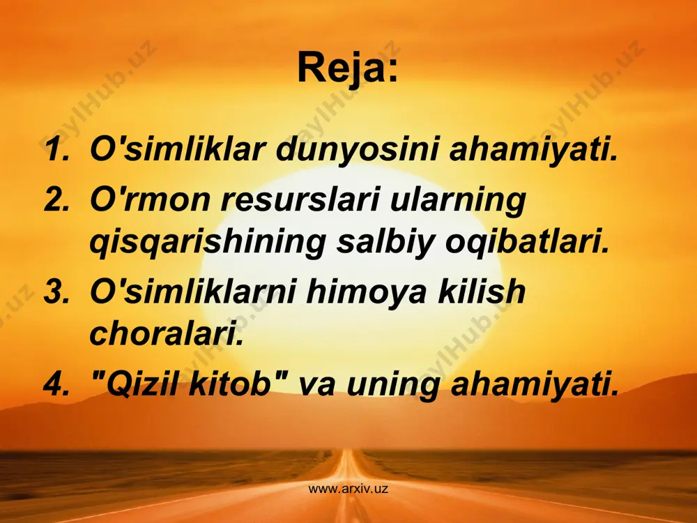 armon tayyorlash, qurilish va boshqa sohalar uchun, qurilish va boshqa sohalar uchun hom ashyo resursidir. www.arxiv.uz www.arxiv.uz o'simlklar – bu qayta tiklash mumkin bo'lgan tabiiy resurs hisoblanib, yer shari geografik qobig'ida muhim rol o'ynaydi. chunki o'simliklar sayyoramiz yuzsining guyoki bir «kimxob» sifatida qoplab olib, tuproq hosildorligini oshirishda, atmosferani toza saqlashda, daryolarning gidrologik rejimini tartibga solib turishda, inson va hayvonot dunyosi uchun ozuqa moddalar etkazib berishda va inson hyoti uchun normal gigienik sharoit yaratishda muhim vazifani bajaradi. yer sharida o'simliklar turi juda ko'p bo'lib, ularning juda oz qismidan kishilar xo'jalik faoliyatlarida foydalanmoqdalar. yer sharidagi 300 ming o'simlik turidan faqat 6000 turini inson kundalik hayotida foydalansa, shuning 1500 turi esa dorivor o'simliklarga to'g'ri keladi. www.arxiv.uz www.arxiv.uz 2. inson xo'jalik faoliyatida yangi o'rmonzorlar tashkil etish, madaniy o'simliklarni ko'paytirish, yaylov va o'tloqlar sifatida yaxshilash va territoriyasini kengaytirish hisobiga o'simliklar maydonini ko'paytirib boradi. buning ustiga ilg'or agrotexnikani qo'llab ekilgan ekinlarda yashil masslar miqdoritabiiy o'simliklarga nisbatan …