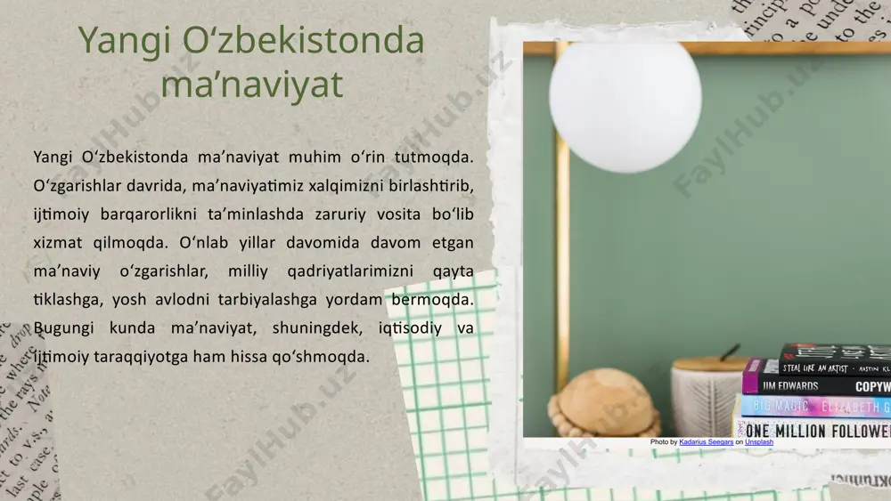 el on unsplash 01 02 03 manaviy yangilanish va xalqimiz qudrati manaviy yangilanish tushunchasi – bu xalqning ma'naviy qadriyatlarini, an'analarini va madaniyatini yangilash jarayonidir. bu jarayon xalqimizning o'zligini, tarixiy xotirasini va ma'naviy merosini mustahkamlashga qaratilgan. xalqimizning tarixiy ildizlari va ma’naviy merosi o'zbek xalqining qadimiy an'analarida, qiziqarli hikoyalarida va ma'rifatida mujassamdir. ularni saqlab qolish va kelajak avlodlarga yetkazish, xalqimizning ma'naviy qudratini oshirishga xizmat qiladi. yangilanish jarayonlarida xalqimizning roli beqiyosdir. har bir fuqaro o'z ma'naviyati va an'analarini hurmat qilishi, kelajakda o'z xalqini yanada rivojlantirishga hissa qo'shishi kerak. o‘zbekistonning tarixiy va madaniy obidalari – bu xalqimizning ma’naviy yangilanishini kuchaytiruvchi asosiy omillardir. bu obidalar, ularning go'zalligi va tarixiy ahamiyati bilan, bizning o'zligimizni anglashimizda muhim rol o'ynaydi. photo by kadarius seegars on unsplash yangi oʻzbekistonda ma’naviy yangilanish jarayonlari ma’naviy yangilanish nima? ma’naviy yangilanish - bu jamiyatda axloqiy qadriyatlarni qayta tiklash jarayonidir. muammolar bugungi kunda ma’naviy muammolar, masalan, ma’naviy yetishmovchiliklar mavjud. yechimlar yechim sifatida ta’lim, tarbiya …