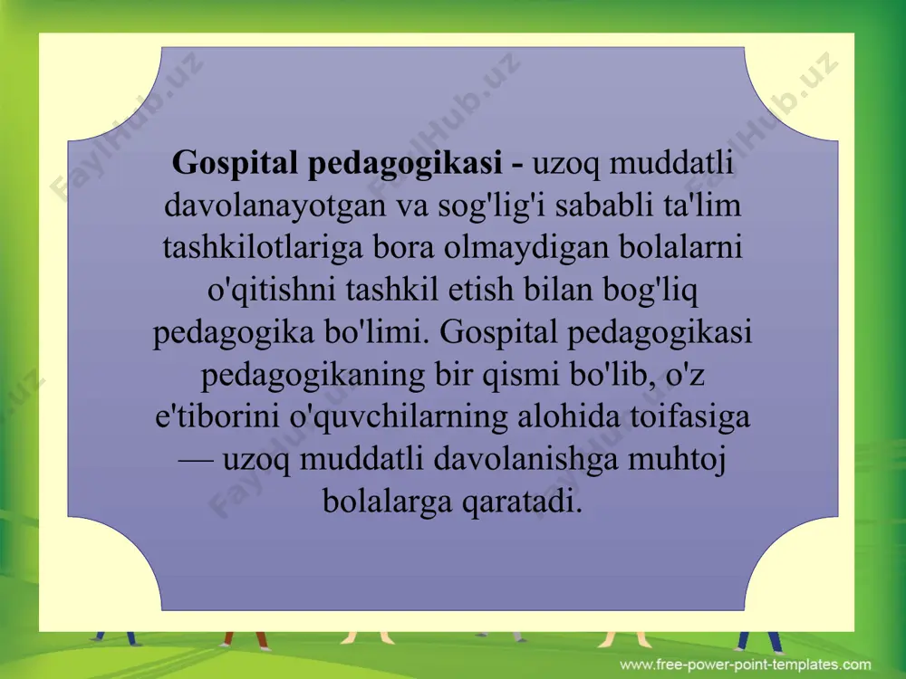 lib, unda o‘zbekiston va rossiya tomonlaridan mas’ul xodimlar ishtirok etdi. "mehrli maktab" davlat ta’lim muassasasida 81 nafar maktabgacha yoshdagi bolalar va 71 nafar maktab yoshidagi o‘quvchilar mavjud. bu yerda o‘quv jarayonini tashkil etish uchun alohida o‘quv reja tasdiqlangan bo‘lib, dars mashg‘ulotlari o‘zbek va rus tillarida, 12 ta fandan olib boriladi. yevropa gospital pedagoglar uyushmasi (hospital organisation of pedagogues in europe (hope)) tashkil etilish tarixi va faoliyati. evropadagi kasalxonasi pedagoglari tashkiloti (umid) kasalxonada va uyda kasal bolalar bilan ishlaydigan evropa kasalxonasi o'qituvchilarining birlashmasi. assotsiatsiya quyidagi maqsadlarga ega: kasalxonaga yotqizilgan bolalar uchun mos muhitda ularning shaxsiy ehtiyojlariga muvofiq ta'lim olish huquqini o'rnatish; kasalxonaga yotqizilgan bolalar huquqlari bo'yicha evropa xartiyasini amalga oshirish bo'yicha ishlash (leyden-l3th may 1988); kasalxonalarda o'qitishni rivojlantirishga ko'maklashish va ularni rag'batlantirish boshqa mutaxassislar, xususan kasalxonalarda ishlaydiganlar bilan aloqa qilish; kasalxonalarda o'qituvchilarning qarashlari va kasbiy manfaatlarini ifodalash va etkazish; kasalxona o'qituvchisining kasbiy malakasini aniqlash va oshirish; kasalxonada o'qitishning barcha jihatlari bo'yicha …