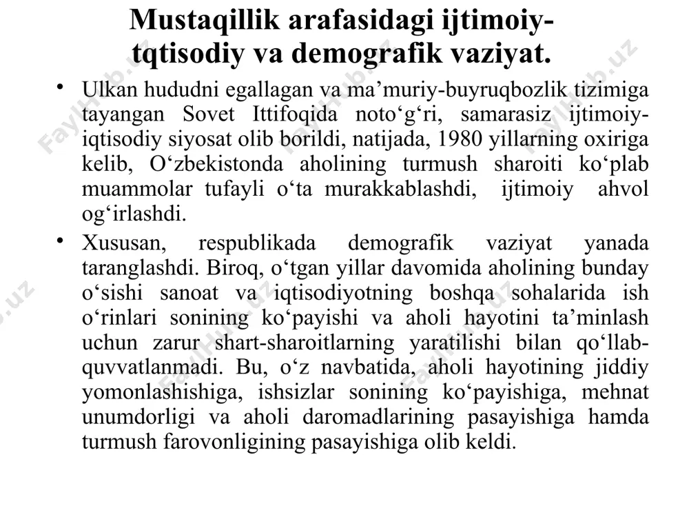 asosiy oluvchilari kam ta’minlangan bolalar va oilalardir. 1994 yil sentyabrdan boshlab barcha bolali oilalar uchun yagona nafaqa joriy etildi. shunga o‘xshash yordam oilalarning yashash joyiga eng yaqin fuqarolarning mahalliyig‘ilishlarida ham ko‘rsatila boshlandi. 1996 yil dekabrda bolali oilalarni ijtimoiy qo‘llab-quvvatlashni kuchaytirish, aholini ijtimoiy himoya qilish chora-tadbirlarini amalga oshirishda fuqarolarning o‘zini-o‘zi boshqarish organlarining roli va mas’uliyatini oshirish maqsadida "farzandli oilalarni davlat tomonidan qo‘llab-quvvatlashni yanada kuchaytirish to‘g‘risida"gi farmon qabul qilindi. nogiron bolalarning sog‘lig‘ini yaxshilash maqsadida sog‘liqni saqlash vazirligi tashabbusi bilan "sog‘lom avlod uchun" jamg‘armasi ishtirokida xorijiy sheriklarni jalb qilgan holda tug‘ma nuqsonli bolalarga murakkab jarrohlik aralashuvlar olib borildi. mamlakatimizda aholining ehtiyojmand qatlamlari, jumladan, yolg‘iz keksalar, nafaqaxo‘rlar va nogironlarni ijtimoiy himoya qilishni yanada kuchaytirishga alohida e’tibor qaratildi. 2006 yildagi "2007-2010 yillarda yolg‘iz keksalar, nafaqaxo‘rlar va nogironlarni manzilli ijtimoiy himoya qilishni va ijtimoiy xizmatlar ko‘rsatishni yanada kuchaytirish bo‘yicha chora-tadbirlar dasturi to‘g‘risida" gi qaroriga muvofiq, dori-darmonlar taqsimoti “saxovat” va “muruvvat” uylari ixtiyoriga o‘tkazildi. mamlakatimizda 2007 yilning …