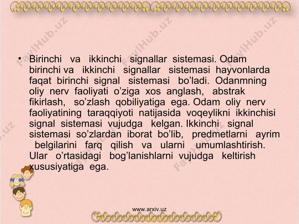 artsiz refleks asosida hosil bo’ladigan aloqalar po’stloq prosesslarini xarakati qanday qonunlarga bo’ysunsa odam bosh miya po’stlog’ida nutq asosida yuzaga keladigan bog’lashlar ham xuddi o’sha qonunlarga bo’ysunadi. i.p. pavlov ko’rsatib o’tganidek oliy nerv faoliyatining faqat odamga xos bo’lgan xususiyati birinchi signal sistemasi orqali tushadigan signallarni ajratib olib mulohaza qilish va ummumlashtirish qobilyati ikkinchi signal sistemasiga bog’liqdir. www.arxiv.uz www.arxiv.uz odamda birinchi va ikkinchi signal sistemalari o’zaro bog’langan bo’lib bir-biriga doim ta’sir ko’rsatib turadi. so’zning signal sifatidagi ahamiyati bir-biri bilan qo’shilib keladigan oddiy tovushlar bilan emas balki so’zning lug’aviy manosi bilan bog’liqdir tovushlarning qo’shilib ketishi bilan bir- biriga o’xshash so’zlar tanlab olinadigan bo’lsa u xolda unday so’zlarga signal manosi garchi boshqacha bo’lsa ham bir xil reaksiya bilan javob beraveradi. bolada ikkinchi signal sistemasining shakllanib borishi nutqning rivojlanishi bilan bevosita bog’langan. bola xayotining birinchi yilidagi so’ngi oylar va butun ikkinchi yili nutq qaror topib boradigan davri xisoblanadi. bolalarda nutqning qaror topishi prsessi shartli reflekslar …