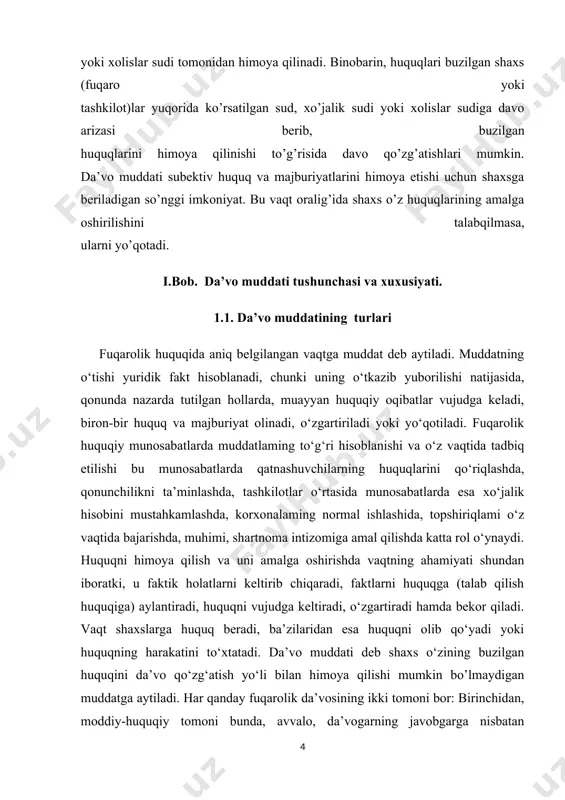 dasi). agar da’vo arizasi qonun bilan belgilangan muddat davomida berilgan bo‘lsa, sud, xo‘jalik sudi yoki xolislar sudi tomoni da’vo ishini ko‘rib, ishning mazmuni bo‘yicha da’voni qondirish yoki qondirmaslik to‘g‘risida qaror chiqaradi. agar da’vo arizasi qonun bilan belgilangan muddatni o‘tkazib berilgan bo‘lsa, sud, xo‘jalik sudi, yoki xolislar sudi muddatning o‘tkazilish sababini muhokama qiladi, agar da’vo muddati uzrsiz sabablar bilan o‘tkazilganligi aniqlansa, o‘tkazilgan muddat tiklanishi va ishning mazmuni bo‘yicha qaror chiqarilishi mumkin. mulkiy munosabatlami tartibga solishda da’vo muddatlari qonun bilan belgilanishi muhim ahamiyatga ega. da’vo muddatining belgilanishi fuqarolik huquqiy munosabatlami mustahkamlashga, qarzning undirilishi, majburiyatning bajarilishi to‘g‘risidagi talablar o‘z vaqtida bajarilishini ta’minlashga, tashkilotlar o‘rtasidagi hisobkitoblar qilinishini tezlatishga, shartnoma va moliya intizomiga rioya etilishini ta’minlashga, xo‘jalik hisobini mustahkamlashga yordam beradi. da’vo muddatlarining belgilanishi fuqarolar o‘rtasidagi huquqiy munosabatlami mustahkamlash uchun ham katta ahamiyatga ega. ma’lumki, da’voni belgilangan muddatda to‘g‘ri hal qilish uchun fuqarolik ishi yuzasidan dalillar to‘plash va ularni chuqur tekshirish lozim. ammo nizoli huquqiy …
