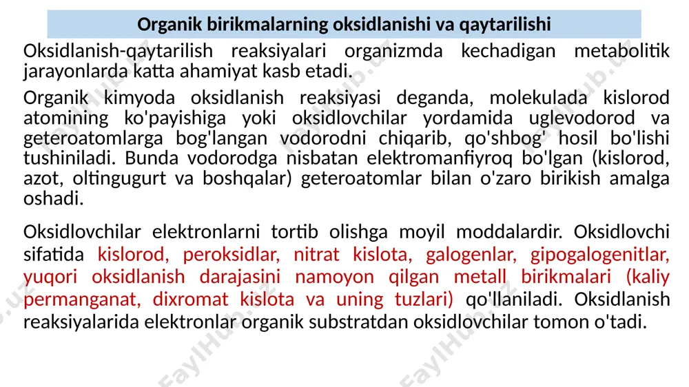 ganik birikmalarning oksidlanishi katta ahamiyat kasb etadi. organizmda jarayon fad kofermenti ishtirokida amalga oshadi va oksidlanib dezaminlanish deyiladi. bu jarayon yordamida organizmdan ortiqcha biogen aminlar chiqarib yuboriladi. reaksiya davomida azot atomi emas, u bilan bog'langan uglerod atomi oksidlanadi. jarayonning birinchi bosqichida amin fad kofermenti yordamida degidrogenlanib imin hosil bo'ladi: ikkinchi bosqichda imin gidrolizlanib aldegid va ammiak hosil qiladi: oltingugurt saqlagan organik birikmalarning oksidlanishi tiollar oksidlanishi bosqichma-bosqich amalga oshib, sulfen, suifin va sulfon kisłotalar hosil bo'ladi. tiollar kuchsiz oksidlovchilar (havo kislorodi, vodorod peroksid) ta'sirida oksidlanganda disulfid hosil bo'ladi. organizmda boradigan (in vivo) oksidlanish-qaytarilish reaksiyasiga sistin-sistein sistemasining oksidlanish-qaytarilishini misol qilish mumkin: sistein va sistinni bir-biriga oson o'tib turishi organizmda modda almashinuv jarayonlarida katta ahamiyatga ega. organik birikmalarning qaytariiishi alkenlar, alkinlar, aminlar va aromatik uglevodorodlar metall katalizator ishtirokida vodorodni birkitirib qaytariladi. reaksiya mahsuloti substrat tabiatiga bog'liq: naftalin qaytarilishi bosqichli boradi. bunda avval 1,4-digidro naftalin, so'ng 1,2,3,4-tetragidronaftalin (tetralin) hosil bo'ladi. katalitik gidrogenlash davomida tetralin …