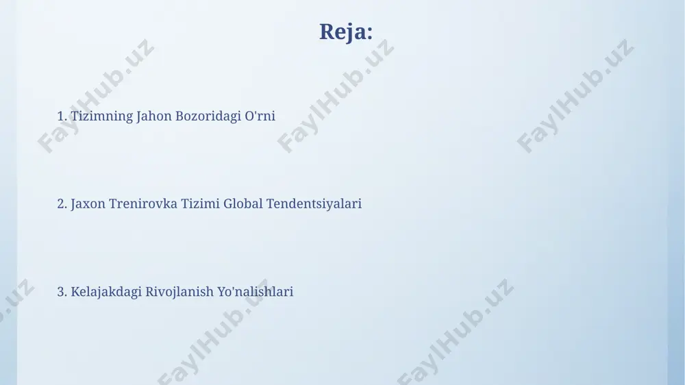 30% ga o'sishi, xx asr jaxon training system uchun raqobatbardosh bo'lish va global talablarga javob berish uchun yangi innovatsion usullarni qo'llash zaruratini keltirib chiqarmoqda. hindiston va xitoy bozorlarida 2024 yilga qadar malakali mutaxassislarga bo'lgan talab 15% ga oshishi kutilmoqda, bu esa xx asr jaxon training system kabi o'quv markazlari uchun ushbu mamlakatlarga kengayish imkoniyatlarini yaratadi. yechimlar va tavsiyalar jahon boʻyicha 2023-yilgi maʼlumotlarga koʻra, xx asr jaxon training system tizimini qoʻllash 30% ga oshganini, ayniqsa, osiyo va evropa davlatlarida, masalan, xitoy va germaniyada yuqori samaradorlik koʻrsatkichlarini qayd etgan. tizimni takomillashtirish boʻyicha takliflar orasida, virtual reallik texnologiyalaridan foydalanish orqali oʻqitish jarayonini 15% ga samaraliroq qilish va 5 ta yirik shaharlarda trening markazlarini ochish kiradi. davlat siyosati va qo'llab-quvvatlash buxoro viloyatida ta'lim sifati va malakali mutaxassislar tayyorlashga qaratilgan davlat dasturi doirasida xx asr jaxon ta'lim tizimi uchun 7% qo'shimcha moliyaviy mablag' ajratildi, bu esa 1000 ga yaqin o'qituvchining malakasini oshirishga yordam beradi. 2023-yil …