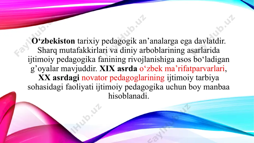 mda ham yagona eng oliy mavjudod deb hisoblagan. sharq uyg‘onish davri allomalaridan qomusiy olim abu nasir al farobiy (873 –1037) shunday ijtimoiy pedagogik g‘oyalarni aytib o‘tganlarki, bolani ayni go‘daklik chog‘idanoq tarbiyalay boshlashning zarurati, shuningdek bolaning tarbiyasiga tabiat atrof – muhitning ta’siri va boshqa fikrlar kabidir. o‘rta asr ijtimoiy – falsafiy fikr taraqqiyoti mutafakkir abu nasr forobiy nomi bilan bog‘liq bo‘lib, uning inson kamoloti haqidagi ta’limoti ta’lim – tarbiya sohasida katta ahamiyatga ega. mashxur yunon faydasufi arastudan keyin sharqda o‘z bilimi, fikr doirasining kengligi bilan nom chiqargan forobiyni yirik mutafakkir – «muallimiy soniy» - «ikkinchi muallim» deb ataydilar. xv-xvi asrlarda markaziy osiyoda tabiatshunos-faylasuflari, tarixchi, shoir va rassom-musavvirlari o‘z ijodlarida ijtimoiy fanlarga alohida e’tibor bilan qarab, tabiat sirlarini o‘rganishga intilganlar. bular qatorida nuriddin abdurahmon jomiy (1414 –1492), jaloliddin davoniy( 1427 –1502), alisher navoiy (1441 –1501), xusayn voiz koshifiy (1440 –1505) o‘z asarlarida inson aqli tafakkuri, uning qobiliyati, insonning alohida axloqiy hislatlari, insoniylik …