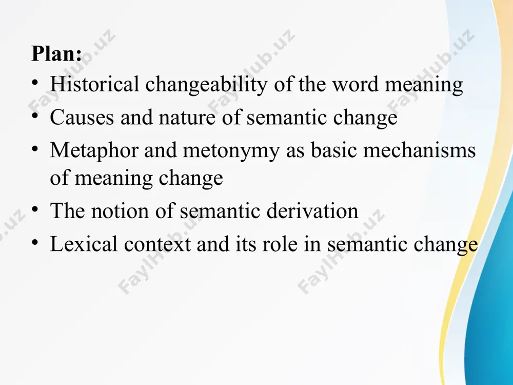 , but lost some of its intensity; the second came to be associated with positive qualities (similar to ame ‘awesome’); the result is that the latter two words have gone from being synonyms to almost exact antonyms. semantic structure of “mouse” 1) a small rodent that typically has a pointed snout, relatively large ears and eyes, and a long tail (oe, mus (sin) / mys (pl); 2) (in general use) any similar small mammal, such as a shrew or vole (1750); 3) a shy, timid, and quiet person (metaphor); 4) a dull light brown color reminiscent of a mouse's fur (metonymy); 5) a small handheld device that is dragged across a flat surface to move the cursor on a computer screen (1965) - metaphor; 6) {informal} a lump or bruise, esp. one on or near the eye (1842) (??). derivatives: mousetrap – a device for catching and killing mice (1475) …