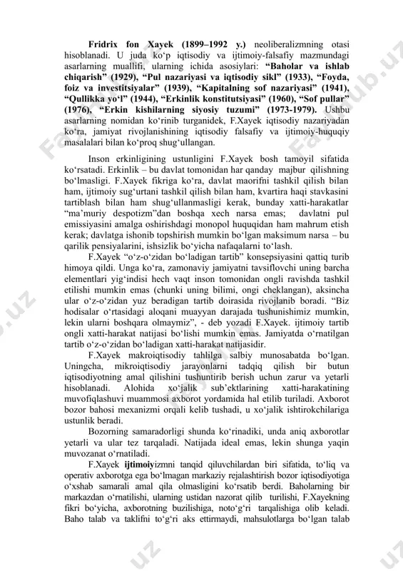 slab beradi; · o‘zini keynschilikka va xo‘jalik hayotiga faol aralashuv tamoyiliga asoslangan totalitarizmga qarshi raqib deb hisoblaydi. xx asrning 30-yillaridayoq erkin raqobat tizimini cheklovchi iqtisodiyotni davlat tartiblashining keynschilik g‘oyalariga qarshi, davlatning iqtisodiyotga aralashuvining muqobil neoliberal chora- tadbirlari turli mamlakatlarda ishlab chiqarila boshladi. hozirgi zamon sharoitida “neoliberallar” nomi bilan ataluvchi bir qancha maktablar amal qiladi. unga chikago (m.fridman), london (f.xayek), frayburg (v.oyken, l.erxard) maktablarini kiritish mumkin. “ordoliberalizm” nima? ikkinchi jahon urushidan keyin neoliberalizm g‘oyalari, eng avvalo g‘arbiy germaniya amaliyotida muvaffaqiyatli qo‘llanila boshladi. bu yerda 1948 yildan neoliberalizm bonning rasmiy doktrinasiga aylandi. o‘sha yili v.oykenning muharrirligi ostida xo‘jalik va ijtimoiy tuzum to‘g‘risidagi neoliberallarning yillik jurnalining birinchi soni “ordo” nomi bilan chop etildi. v.oyken ishlatgan “ordo” so‘zi “tabiiy tuzum ... erkin bozor xo‘jaligi” tushunchasini bildiradi. germaniyada neoliberalizm doktrinasi “oyken maktabi” ta’sirida hatto “ordoliberalizm” deb atala boshladi. ordoliberal konsepsiyasi asosida “ijtimoiy bozor xo‘jaligi” konsepsiyasi ishlab chiqildi. uni ishlab chiqqan iqtisodchi professorlar alfred myuller-armak, aleksandr …