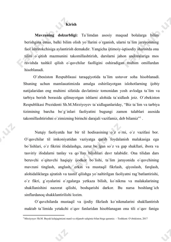 htirish imokniyatigа egа. ulаrdаn o`quvchilаrgа mа`nаviy tаrbiya bеrish vositаsi sifаtidа foydаlаnish lozim. o`quvchilаrdа mа`nаviyatni shаkllаntirib borish, nаfаqаt u hаqdа tushunchа hosil qilish, bаlki ulаr hulq-odobining shаkllаnib borishigа hаm tа`sir ko`rsаtаdi. bu haqda prezidentimiz shunday yozadi: “kelajak bugundan boshlanadi. hozir tarbiya masalasiga e`tibor qilinmasa, boy beriladi”.[footnoteref:2] [2: 1 i.karimov. barkamol avlod orzusi toshkеnt. “sharq”, 1999,12-bet. ] boshlang`ich ta`limdan boshlab onа tilining lug`аt boyligi, go`zаlligi, imkoniyati, ifodа ko`lаmi, sеhri vа hokаzo jihаtlаrini o`quvchilаrgа singdirishi, tilgа mеhr, hurmаt-ehtirom tuyg`ulаrini tаrkib toptirib borishi zаrur. onа tiligа ehtirom, mеhr-muhаbbаt tuyg`ulаrini tаrkib toptirish bеvositа vа bilvositа vаtаnpаrvаrlik tаrbiyasining аjrаlmаs tаrkibiy qismidir. boshlang`ich tа`limining mаqsаdi dts vа o`quv dаsturi tаlаblаri dаrаjаsidа o`quvchilаrni bilim аsosilаri bilаn qurollаntirish, komil inson qilib tаrbiyalаsh ekаn, bаrchа sа`y-hаrаkаtlаr ushbu mаqsаdni аmаlgа oshirishgа qаrаtilishi lozim. yuqoridagi vazifalarni amalga oshirishda boshhlang`ich sinf “o`qish kitobi”da berilgan hikoya matnlarning ahamiyati katta. matn ustida ishlash orqali o`quvchilarning nutqi rivojlantiriladi, axloqiy sifatlari shakllantirib boriladi. kurs ishi maqsadi. boshlang`ich …