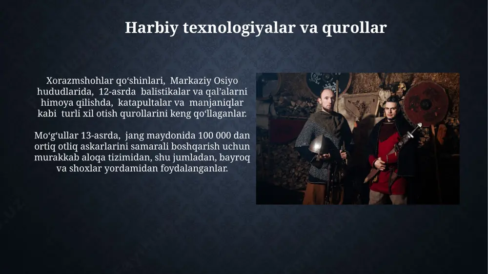 uxoroni egallab olishdi, ammo keyinchalik misrda mamluklarga qarshi janglarda magʻlubiyatga uchradilar. ottoman turklari 1453-yilda konstantinopolni zabt etish bilan mashhur boʻlishgan, ammo 1571-yilda lepanto dengiz jangida venetsiya-ispaniya koalitsiyasiga yutqazishdi. usmonli turklarining harbiy sanʼati usmonli armiyasi yengil va ogʻir otliq askarlar, piyoda askarlar (yanicheri kabi), muhandislar va artilleriya boʻlinmalaridan iborat boʻlib, anadolu va bolqon mintaqalarida harbiy strategiyalarini samarali qoʻllagan. usmonli turklari 15-asrda konstantinopolni zabt etishda 80 ming kishilik qoʻshin va 320 ta kema ishtirok etgan ulkan dengiz va quruqlik operatsiyasini muvaffaqiyatli amalga oshirishdi. moʻgʻul armiyasining tuzilishi va taktikasi moʻgʻul qoʻshinlari tezkor harakatlanish va keng maydonlarda manevr qilish imkoniyatiga ega edi, bu esa ularga 13-asrda xorazm hududi va boshqa hududlarni tez egallab olishga imkon bergan. moʻgʻullar armiyasi oʻn minglab kishidan iborat tumendan, mingliklardan va yuzliklardan tashkil topgan boʻlib, ularning har biri oʻzining qoʻmondoni va mutaxassis askarlariga ega edi, masalan, oʻq otish ustalari va muhandislar. e'tiboringiz uchun rahmat @taqdimot_robot image2.jpg image3.jpg image4.jpg image5.jpg image6.jpg …