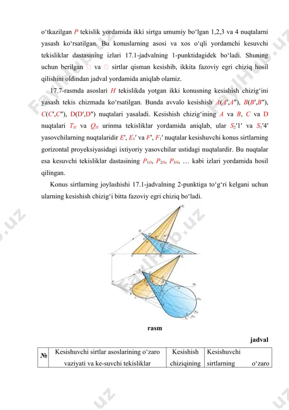 nuqtalari o‘zaro ravon birlashtiriladi. prizma bilan silindrning o‘zaro kesishish chizig‘ini yasash algoritmi xuddi yuqorida bayon etilgan ketma-ketlikda bo‘ladi. o‘qlari bir tekislikda yotmaydigan aylanish sirtlarining o‘zaro kesishishi. parallel kesuvchi tekisliklar usuli agar ikki kesishuvchi sirtlarning o‘qlari o‘zaro kesishmasdan, ulardan biri biror proyeksiyalar tekisligiga perpendikulyar bo‘lib, ikkinchi sirtning o‘qi ikkinchi proyeksiyalar tekisligiga perpendikulyar yoki parallel bo‘lsa, u holda bu sirtlarning kesishish chizig‘ini yasashda parallel kesuvchi tekisliklar usulidan foydalanish. parallel kesuvchi tekisliklarni proyeksiyalar tekisliklaridan birortasiga parallel qilib olinadi. parallel kesuvchi tekisliklar usulining qulayligi shundaki, bunda yordamchi kesuvchi tekisliklar kesishuvchi sirtlarni aylanalar va to‘g‘ri chiziqlar bo‘yicha kesadi. parallel kesuvchi tekisliklar usulida tekisliklar dastasining o‘qi xosmas bo‘ladi. parallel kesuvchi tekisliklar usuli bilan yechiladigan bir necha sirtlarning o‘zaro kesishuvini ko‘rib chiqamiz. ikki silindrning o‘zaro kesishishi. 17.10–rasmda kesishuvchi silindrlarning biri gorizontal proyeksiyalovchi, ikkinchisining o‘qi frontal proyeksiyalar tekisligiga parallel bo‘lgan holda silindrlar tasvirlangan. rasm bu sirtlarning kesishish chizig‘ini yasashda yordamchi kesuvchi tekisliklar v tekislikka parallel bo‘ladi. ularning o‘zaro …