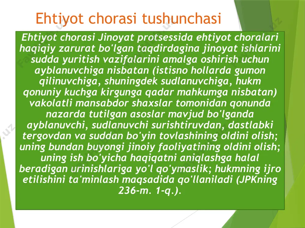 sasining ma'muriyati kuzatuv ostiga olishi uchun topshirish ushbu kodeksning 556-moddasida ko'rsatilgan tartibda amalga oshiriladi . harbiy xizmatchining xulq-atvori ustidan qo’mondonlik kuzatuvi ayblanayotgan muddatli harbiy xizmatchi yoki o'quv yig'iniga chaqirilgan harbiy xizmatga majbur shaxs surishti-ruvchi, tergovchi, prokurorning qarori yoki sudning ajrimi bo'yicha harbiy qism, qo'shilma, harbiy muassasa, harbiy o'quv yurti qo'mondonligining kuzatuviga berilishi mumkin. qo'mondonlik kuzatuvi qonun hujjatlarida nazarda tutilgan va ayblanuvchining munosib xulq-atvorda bo'lishi-ni ta'minlaydigan choralarni ko'rishdan iborat. munosib xulq-atvorda bo‘lish haqidagi tilxat ayblanuvchining yoki sudlanuvchining surishtiruvchiga, tergovchig prokurorga yoki sudga tergov va suddan yashirinmaslik, jinoyat ishi bo‘yicha haqiqatni aniqlashga to‘sqinlik qilmaslik, jinoiy faoliyat bilan shug‘ullanmaslik, surishtiruvchi, tergovchi, prokuror va sudning chaqiruvi bilan etib kelish haqida bergan yozma majburiyatidan iboratdir. tilxat beruvchi shaxs bundan tashqari o‘z zimmasiga surishtiruvchining, tergovchining, prokurorning yoki sudning ijozatisiz ushbu aholi punktidan chiqib ketmaslik va shu aholi punkti doirasida istiqomat joyini o‘zgartirsa, bu haqda ularni xabardor qilish majburiyatini oladi. ayblanuvchi yoki sudlanuvchi o‘z zimmasiga olgan majburiyatlarini …
