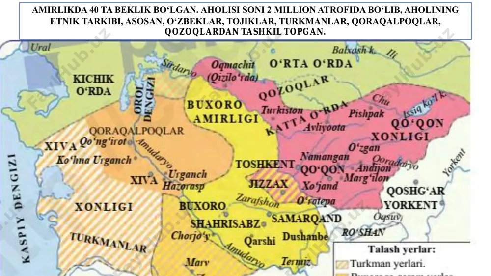 ng taslim bo‘lishini taklif qildi. lekin bu taklif mahalliy aholi tomonidan rad etildi 26 general abramov rossiya imperiyasining harbiy yurishlariga qarshi kitob hokimi jo‘rabek va shahrisabz hokimi bobobek boshchiligida samarqandda kurash olib borildi 11.06.2023 27 bobobek shahrisabz hokimi jo‘rabek kitob hokimi buxoro amirligining rossiya protektoratiga aylantirilishi 11.06.2023 28 podsho hukumati tomonidan yangi bosib olingan hududlarda samarqand va kattaqo‘rg‘on bo‘limlaridan iborat zarafshon okrugi tuzildi. unga general abramov boshliq qilib tayinlandi. 11.06.2023 29 fon kaufman 1868-yil 23-iyunda samarqandda amir muzafar bilan buxoro amirligini rossiya imperiyasining protektoratiga aylantirgan shartnomani imzoladi. 11.06.2023 30 rossiya imperiyasining o‘rta osiyodagi istilochilik urushining ikkinchi bosqichi samarqandning egallanishi va buxoro amirligining rossiya imperiyasi protektoratiga aylanishi bilan yakunlandi 11.06.2023 31 1873 yildagi shartnoma 11.06.2023 32 buxoro bilan rossiya imperiyasi 1873-yilda amirlikka o‘z vakilini tayinlash huquqini beruvchi yangi shartnomani imzoladi. 1885-1887-yillardagi muzokaralar natijasida chegaralarni belgilash bo‘yicha ingliz-rus komissiyasi rossiya imperiyasi ning o‘rta osiyodagi buxoro amirligi yerlari bilan afg‘oniston o‘rtasidagi chegara chizig‘ini …