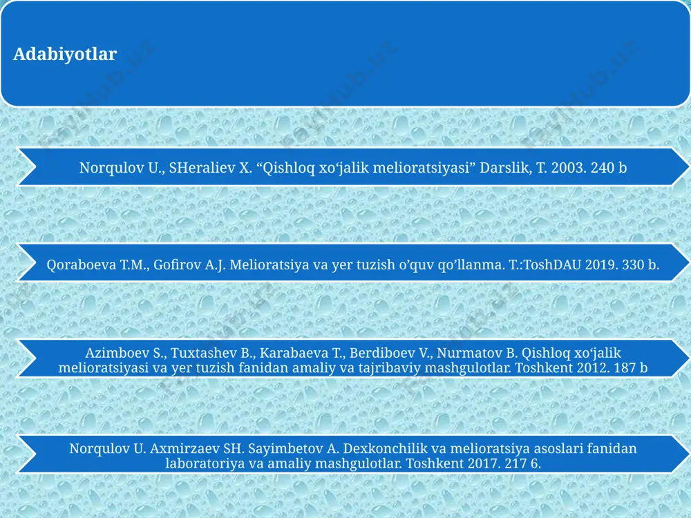 11 sug‘orish tizimlarining tarkibiy qismlari 12 bosh suv olish inshooti suv uzatish va taqsimlash kanallari xo‘jalik taqsimlash tarmoqlari karta sug‘orish tarmoqlari oqova tarmoqlari kollektor-zovur tarmog‘i gidrotexnik inshootlar xizmat yo‘llari va ulardagi inshootlar, xo‘jalik va dala yo‘llari, ko‘priklar; aloqa vositalari sug‘orish tarmoqlari foydalanish muddatiga ko’ra 14 doimiy muvaqqat 15 doimiy tarmoqlarga ikki va undan ortiq yil davomida foydalaniluvchi suv uzatish tarmoqlari – magistral kanal va uning tarmoqlari, xo‘jaliklararo, xo‘jalik va uchastka taqsimlagichlarini o‘z ichiga oladi. yopiq sug‘orish quvurlari ham doimiy tarmoq hisoblanadi. muvaqqat sug‘orish tarmoqlari mavsum davomida yoki bitta sug‘orish davomida foydalaniluvchi tarmoqlar bo‘lib, ularga muvaqqat ariqlar, o‘qariqlar, sug‘orish egatlari, yo‘lak (pol)lar va cheklar kiradi. xo‘jalikda kanal va inshootlarni joylashtirish sxemasi: 1 - xo‘jaliklararo suv taqsimlagich; 2 - suv ajratish inshooti; 3 - xo‘jalik suv taqsimlagichi; 4 - suv o‘lchash-suv chiqarish inshooti; 5 - suv chiqargich; 6 - oqova suvlarni chiqargich; 7 - 20-40 gektarli uchastkalar; 8 – uchastka kanallari; 9 …