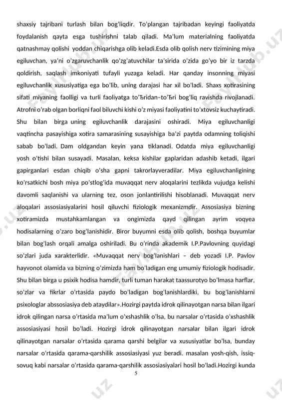 kkinchisi - neyrofiziologik nazariyalar. ularga keyingi yillarda yangi nazariyalar, uchinchi yo`nalish - bioximik yo`nalishdagi nazariyalar qo`shilmoqda. barcha nazariyalar orasida eng oldin paydo bo`lib rivojlangan nazariyalarga psixologik nazariyalar kiradi. bu nazariyalar xotira jarayonlarini tarkib toptirishda sub`ektning faolligiga qanday o`rin berilganligiga, sub`ekt faolligining o`ziga qanday qaralganligiga bog`liq ravishda klassifikatsiya qilinadi. shunday oqimlardan biriga assosiativ nazariya kiradi. xotira haqida umumiy tushuncha. assosiativ nazariyaning asosiy tushunchasi assosiatsiya tushunchasidir. assosiatsiya - aloqa bog`lanish degan ma`noni bildiradi va hamma psixik hodisalarni tushuntiruvchi universal mexanizm sifatida qaraladi. ularning fikricha, agar ma`lum psixik hodisalar inson ongida ayni bir vaqtning o`zida bir-biridan ketma-ket hosil bo`lgan bo`lsa, ular o`rtasida assosiativ aloqa hosil bo`ladi. agar shu assosiativ aloqaning biron-bir elementi qayta ta`sir qilsa yoki qayta nomoyon bo`lsa, ongimizda assosiativ aloqaning barcha elementlarini qayta tiklashga olib keladi. shunday qilib, assotsianizm ikkita ta`sirot o`rtasidagi aloqa bog`lanishning zaruriy va etarli asosi - bu ta`sirlarning inson ongida ayni bir vaqtning o`zida nomoyon bo`lishi deb hisoblaydi. …