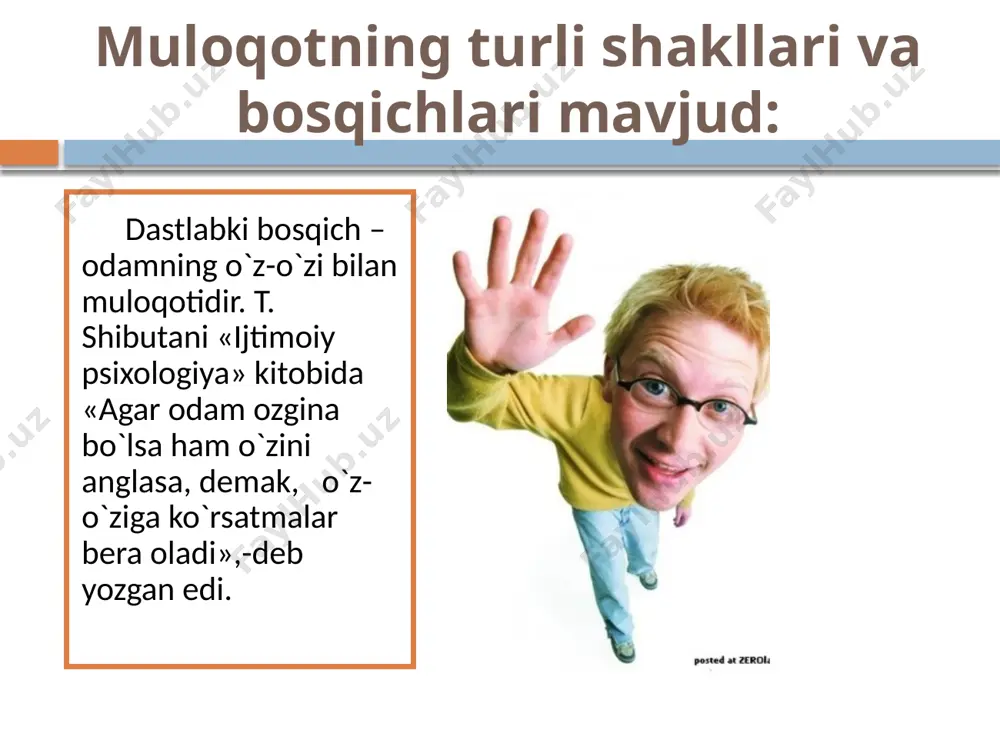 , o`zini tasavvur qilishdir, o`ziga birovning ko`zi bilan qarashga intilishdir. masalan: guruhdoshingizdan biriga ko`ylagi yarashmaganini aytish mumkin, 2-chisiga aytsam kuyyapti deb o`ylaydi deysiz. dolzarb muammolardan biri- yoshlarda yangicha dunyoqarashni shakllantirish, ularni yangicha demokratik munosabatlarga ruhiy jihatdan tayyorlashdir. ma’naviyat sohasidagi islohotlar yoshlarda o’z xalqining madaniyati, vatanning o’tmishi va buguni, milliy qadriyatlarga to’g’ri munosabatlarning shakllanishiga sabab bo’ladi va bu- ziyoli, bilimdon kishilar uchun eng zarur fazilatdir. verbal ta’sir - bu so’z va nutqimiz orqali ko’rsatadigan ta’sirimizdir. bundagi asosiy vositalar so’zlardir. paralingvistik ta’sir - bu nutqning atrofidagi nutqni bezovchi, uni kuchaytiruvchi yoki susaytiruvchi omillar: tovushlar, to’xtashlar, duduqlanish, yo’tal, til bilan amalga oshiriladigan harakatlar, nidolar kiradi. noverbal ta’sir - bunga suhbatdoshlarning fazoda bir-birlariga nisbatan tutgan o’rinlari, holatlari (yaqin, uzoq, intim), qiliqlari, mimika, pantomimika, qarashlar, bir-birini bevosita his qilishlar, tashqi qiyofa va signallar kiradi. image3.jpeg image4.jpeg image5.jpeg image6.jpeg image7.png image8.png image9.jpeg image10.jpeg image11.jpeg image12.jpeg image13.jpeg image14.jpeg image15.jpeg image16.png image17.jpeg image18.jpeg