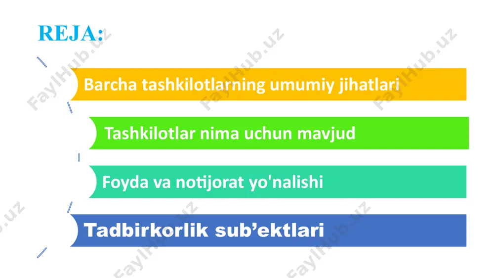 foydani maksimal darajada oshirish foyda tovarlar va xizmatlarni chiqarish tijorat tashkiloti xarajatlar tovar va xizmatlar chiqarish xizmatlarni taqdim etish jamoat vakillari daromadni oshirish uchun xarajatlarni kamaytirish notijorat tashkilot 2 xususiy va davlat sektorlari xususiy sektor. markaziy yoki mahalliy hukumat yoki davlat idoralariga tegishli bo'lmagan yoki boshqarmaydigan tashkilotlar • davlat sektori. markaziy yoki mahalliy hukumatlar yoki davlat idoralariga tegishli yoki boshqaradigan tashkilotlar mas'uliyati cheklangan jamiyatlar mas'uliyati cheklangan jamiyat o'z egalaridan (aktsiyadorlaridan) alohida yuridik shaxs maqomiga ega. aktsiyadorlar, odatda, agar ular shaxsiy kafolat bermasa, kompaniyaning qarzlarini to'lash uchun sudga da'vo qilinishi mumkin emas. ularning tavakkalchiligi odatda aktsiyani sotib olayotganda kompaniyaga qo'ygan mablag'lari bilan cheklanadi. bu cheklangan masuliyat deb ataladi. yakka tartibdagi tadbirkorlik va sheriklik odatda kichik yoki o'rta biznesga tegishli bo'lsa, mas'uliyati cheklangan jamiyat maqomi barcha o'lchamdagi korxonalar uchun qo'llaniladi. mas'uliyati cheklangan jamiyatda egalik qilish va nazorat qilish, bir jismoniy shaxs qo'lida bo'lishi mumkin bo'lsa ham, tashkilot hamda jismoniy shaxs qonun bilan …