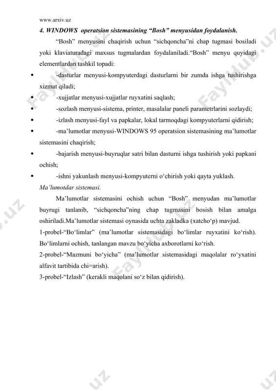 5 operatsion sistemaga kirish uchun yangi parolni kiritish, jumladan tarmoq uchun xam. · -printerlar (“sozlash”dagi kabi); · -til va standartlar -berilgan mintaqaga oid turli ma’lumotlar; · sistema-kompyuter qurilmalari ishini ayni vaqtda bexato ishlayotganini ko‘rsatadi. “izlash” menyusi. “izlash” menyusi quyidagi asosiy elementlarini o‘z ichiga oladi. · -papka va fayllar -fayllar va papkalarni ko‘rsatilgan disk yoki disketdan izlash; · -tarmoqda kerakli-kompyuterni kompyuter tarmogidan izlash. · a)papka va fayllar- “izlash” menyusidan “ishga tushirish” menyusi tanlanib, papka va fayllar ustiga olib borilib “sichqoncha”ning chap tugmasi bosiladi. · “mening kompyuterim”ni ishga tushirish uchun “sichqoncha” yordamida kursorni “moy kompyuter” yozuviga olib kelib, chap tugmasini bosish kifoya. · ishga tushirish dastur buyruqlari-papka yoki xujjat dasturlarini ochish; · -“ishga tushirish” menyusini ishlatish uchun “sichqoncha”ni chap tugmasini bosish kerak; · -“ochish” satri bo‘ylab fayl yoki papkaga yo‘l ko‘rsatish kerak. agar kerakli yo‘l noma’lum bo‘lsa “obzor” tugmasi yordamida avtomatik ravishda obyekt uchun kerakli yo‘l topiladi; · -papkalarni ochish yoki dasturlarni …