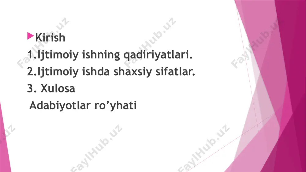 r shaxsga alohida e'tibor berishni talab qiladi. 3. mehr-shafqat va empatiya ijtimoiy ishda insonlarga yordam ko‘rsatishning asosi mehr-shafqat va empatiyadir. mutaxassis insonlarning hissiy va jismoniy holatini tushunishga harakat qiladi, ularning muammolarini samimiy his qiladi va ularga yordam berishga intiladi. bu qadriyat insoniy munosabatlarni mustahkamlaydi va ishonch muhitini yaratadi. qadriyatlarning ahamiyati ijtimoiy ishdagi qadriyatlar nafaqat mutaxassisning faoliyatini yo‘naltiradi, balki jamiyatdagi ijtimoiy adolat va barqarorlikni ta’minlashga xizmat qiladi. bu qadriyatlar insonlarning hayotini yaxshilashda, ularni qo‘llab-quvvatlashda asosiy rol o‘ynaydi. shu sababli, har bir ijtimoiy ishchi o‘z faoliyatida bu qadriyatlarni o‘zida mujassam etishi va ularga qat’iy amal qilishi zarur. 2. reja; ijtimoiy ishda shaxsiy sifatlar ijtimoiy ish murakkab va mas’uliyatli faoliyat turi bo‘lib, bu sohada ishlaydigan mutaxassislardan nafaqat bilim va tajriba, balki muhim shaxsiy sifatlar ham talab etiladi. shaxsiy sifatlar ijtimoiy ishning muvaffaqiyatli amalga oshirilishiga xizmat qiluvchi asosiy omillardandir. ijtimoiy ish mutaxassisi insonlarning turli muammolarini tushunishi, ularning his-tuyg‘ularini inobatga olishi va ularga samimiy yondashishi …