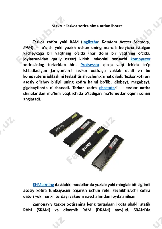 ik axborotni o’zida saqlaydi. dastur yuklanganda dastlab tezkor xotiraga yuklanadi va u yerdan ishga tushadi. bundan kelib chiqadiki, tezkor xotiraning hajmi qancha katta bo’lsa, bir paytning o’zida bir necha dasturlarni yuklab, ish olib borishingiz mumkin bo’ladi (misol uchun musiqa eshitib, o’yin o’ynash mumkin). biror dasturni ishga tushirib (dastlab tezkor xotiraga yuklab), soʻng bu dasturdan chiqib ketib, ya’na shu dasturni ishga tushirsangiz, dastur yuklanishi biroz tezroq amalga oshiriladi. chunki kompyuter dastlab tezkor xotiraga murojaat qiladi, agar yuklangan dastur u yerda mavjud bo’lsa, o’sha yerdan dasturni yuklaydi, aks holda dasturni izlashni boshlaydi. tezkor xotira 2 ta asosiy xarakteristikaga ega va bu xotirani sotib olishda uning hajmi va shu xotira ishlaydigan chastota miqdori inobatga olinadi. tezkor xotira chastotasi ishlash tezligini aniqlab beradi. chastota bu vaqt birligidagi jarayondir. misol uchun, 600 megagers (mkhz) chastotali tezkor xotira 100 mb ma’lumotni 10 sekunda yuklasa, 1000 megagersli tezkor xotira bu jarayonni 5 sekundda amalga oshiradi. tezkor xotira …