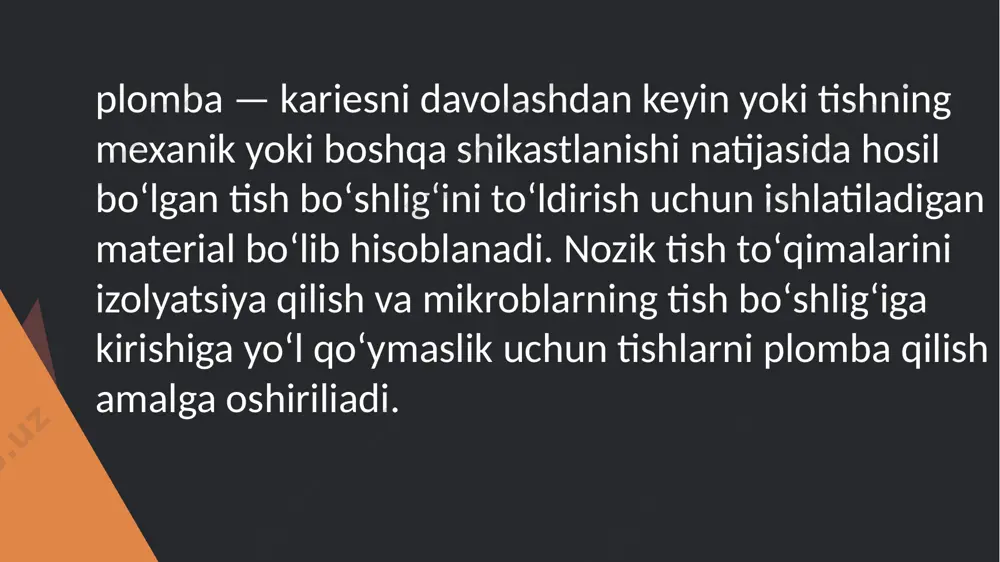 ari ishlab chigarilmoqda. ular elastik bo'lib, borsiz osonlik bilan olib tashlanadi. bu ashyolar kompozit ashyolar tarkibiga ta'sir ko'rsatmaydi. vaqtinchalik plomba ashyolari bir necha kundan bir necha oygacha (6 oygacha) mo ‘lljallangan. ko’pincha uzoq muddat uchun rux-evgenol, rux-fosfat, polikarboksilat yoki shishaionomer sementlardan foydalaniladi. xorijiy davlatlarda - vaqtinchalik qoplamalar (aluminiy, qalay, plastmassa)dan foydalaniladi. image1.jpeg image2.jpeg image3.jpeg image4.jpeg image5.jpeg
