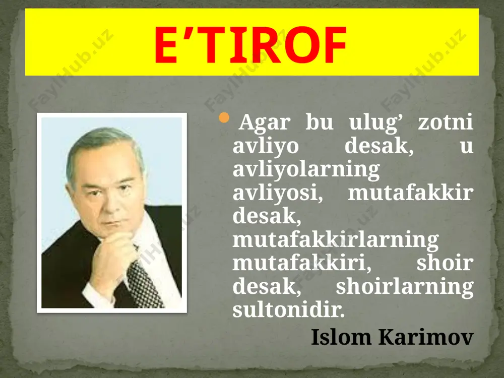 asini siz qanday izohlaysiz? mehr va suhaylni qaysi jihatlariga ko‘ra bir-birlariga mos va muvofiq deb bilasiz? suhaylning asir tushishi tasvirida yigitning jasorati, mardligi hamda qaroqchining hiylakorligi qanday ifodalanganini ko‘rsating. asarda oshiq-ma’shuqlarning fojiaviy holati aks etgan: «yuqori dilbar-u, quyi bedil, bir-biridin vale ikov g‘ofil» misralarini izohlang. tutqunlarning ozod bo‘lishida kimning xizmati ko‘proq deb o‘ylaysiz? mehrningmi yoki suhaylning? nima deb o‘ylaysiz, jobir hammadan ko‘proq kimga jabr qildi? asardagi: «sayd yetgach ko‘zini asrar edi, ko‘rmayin deb o‘zini asrar edi» tasviri kim va nima to‘g‘risida? o`ylab ko`ring! e’tiboringizdan xursandmiz! audio1.wav image3.gif image4.jpeg image5.jpeg image6.jpeg image7.png image8.jpeg image9.jpeg image10.jpeg image11.jpeg image12.jpeg image13.jpeg image14.jpeg image15.jpeg image16.jpeg image17.jpeg image18.jpeg image19.png image20.jpeg image21.jpeg image22.jpeg image23.jpeg image24.jpeg image25.gif image26.jpeg /docprops/thumbnail.jpeg