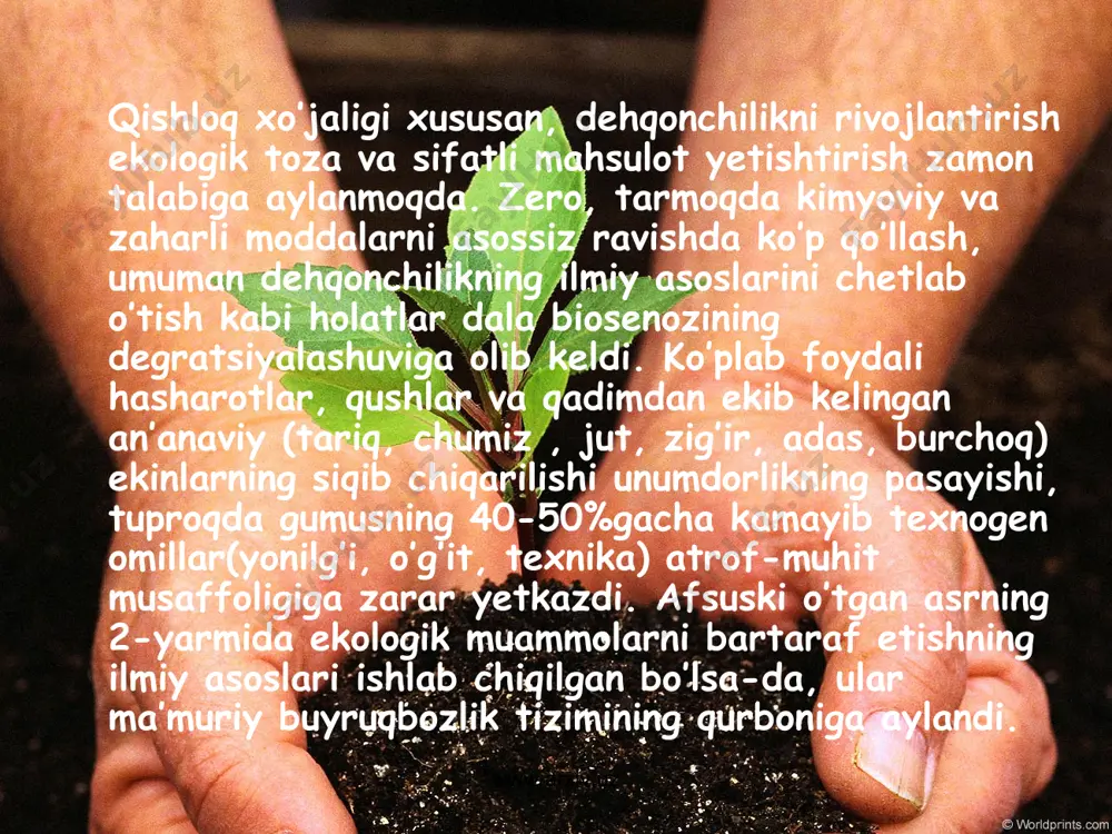 orish tizimida o’simliklar bir tekis namlanishga erishiladi. vegetatsiya davrida 31,9% suv tejaladi. irrigatsion eroziyasi bo’lmaydi, tuproqning unumdorligi saqlanadi. mineral o’g’itlar tomchilatib sug’orish tizimi orqali eritilgan holda berilishi sababli o’g’it samaradorligi 30-40%ga oshadi. suvchining mehnat unumdorligi keskin ortadi (1ta suvchi bir vaqtning o’zida 10-20 soat ichida 4ga yerni sug’orishi mumkin). albatta, bu texnologiyani joriy qilish uchun katta miqdorda investitsiya (1 ga yerga 3-5ming aqsh dollari miqdorida), ammo bu mablag’ 2 yil ichida boshqa turdagi sarf-xarajatlarning kamayishi va ekin hosildorlining oshishi hisobiga to’liq qoplanadi. www.arxiv.uz www.arxiv.uz * ning dehqonchilikda tirik organizmlar-o’simliklar, tuproq va doimiy harakatdagi mezonlar-namlik,yorug’lik, issiqlik, suv, havo ba boshqalar bilan munosabatda bo’lar ekanmiz ular ekotizim nuqtai nazaridan baholanmog’i shart.tabiatda jonli organizmlarni bir-birisiz tasavvur etib bo’lmaydi va bunday bus-butunlik ekologik muhitni tashkil etadiki, ularning o’zaro bog’liqligi, murakkab qonuniyatlar asosida sodir bo’ladi. www.arxiv.uz www.arxiv.uz