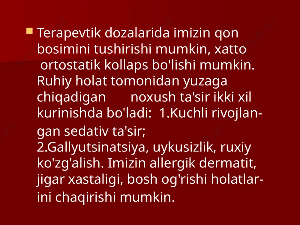 ta'sir mexanizmi: fenamindan farq qilib adrenegik retseptorlarni dofaminergikga nisbatan kuchliroq qo'zgatadi. uning ta'sirida neyronal depolardan katexolaminlar ajralib chiqadi. qo’llanishi: umumiy bo'shashganlik, befarqlik, uyqusizlik bilan kechadigan astenik xolatlarni, davolashda, yuqumli kasalliklar, zaxarlanish va bosh miya travmalarida, astenik va nevrostenik buzilishlarni daf etishda qo'llaniladi. sidnokarb anksiolitiklar ko'llanilganda yuzaga chiqadigan miorelaksatsiyani daf etadi, bunda ularning tinchlantiruvchi ta'sirini kamaytirmaydi. shuning uchun fenozepam va sidnokarbni 1:1,25 yoki 1:2,5 nisbatda qo‘shib qullash mumkin. alkogolizmda sidnokarb astenonevrotik reaksiyalarni va abstensiya belgilarini kamaytiradi. metil ksantin guruxiga qarashli. choy, kofe, kakao tarkibida bo’ladigan alkaloid (taxminan 2%). sintetik yo'l bilan xam olingan. kofein mns kuchli qo'zg'atadi. u bosh miya po'stloq qavatida qo'zg'alishni kuchaytiradi va uni boshqaradi. kofein ta'sir mexanizmi: kofein fosfodiesteraza fermenti faolligini susaytirib, ayniqsa yurak va miyada samfni parchalanishini kamaytiradi, natijada samf to'planadi. bundan tashqari kofein adenozin bilan raqobatlashadi (chunki ular qarama-qarshi bo'lgan o'zgarishlar chaqkradi). kofein adenazin ta'sirini yo'qotadi, uning reseptorlarini bloklaydi. qo’llanilishi: yuqumli kasalliklardagi umumiy zaxarlanish, narkotik, uxlatuvchi …
