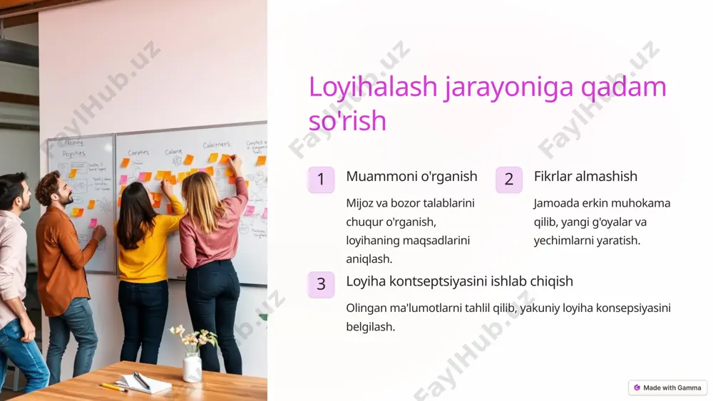 ni tezkor va samarali ravishda javoblash, ulardan fikr-mulohazalar olish. yangi ma'lumotlar mijozlar foydalanish dinamikasini kuzatish, ma'lumotlarni tahlil qilib, yaxshilashlar kiritish. 6 doimiy takomillashtirish va rivojlantirish kuzatuv va tahlil foydalanish dinamikasini muntazam kuzatish va ma'lumotlarni tahlil qilish. fikr-mulohazalar yig'ish mijozlar va jamoada yangi g'oyalar va taklif-mulohazalarni to'plash. yangi funksiyalarni qo'shish olingan fikrlar va tahlil natijalaridan kelib chiqqan holda mahsulotni takomilllashtirish. 7 xulosa va keyingi qadamlar xulosa yangi mahsulotni ishlab chiqish va joriy etish uzluksiz jarayon bo'lib, uning muvaffaqiyatli amalga oshirilishi uchun bir qator qadamlar muhim ahamiyatga ega. keyingi qadamlar mijozlar fikr-mulohazalari va bozor talablarini doimiy ravishda o'rganish, mahsulotni yanada takomillashtirish va rivojlantirish. 8 image1.png image2.png image3.png image4.png image5.png image6.png image7.png image8.png image9.png image10.png image11.png image12.png image13.png image14.png image15.png