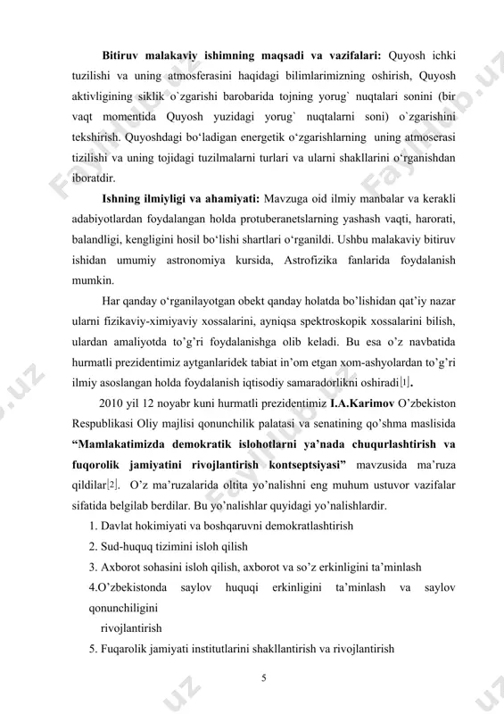 lanish mumkin. har qanday o‘rganilayotgan obekt qanday holatda bo’lishidan qat’iy nazar ularni fizikaviy-ximiyaviy xossalarini, ayniqsa spektroskopik xossalarini bilish, ulardan amaliyotda to’g’ri foydalanishga olib keladi. bu esa o’z navbatida hurmatli prezidentimiz aytganlaridek tabiat in’om etgan xom-ashyolardan to’g’ri ilmiy asoslangan holda foydalanish iqtisodiy samaradorlikni oshiradi . 2010 yil 12 noyabr kuni hurmatli prezidentimiz i.a.karimov o’zbekiston respublikasi oliy majlisi qonunchilik palatasi va senatining qo’shma maslisida “mamlakatimizda demokratik islohotlarni ya’nada chuqurlashtirish va fuqorolik jamiyatini rivojlantirish kontseptsiyasi” mavzusida ma’ruza qildilar . o’z ma’ruzalarida oltita yo’nalishni eng muhum ustuvor vazifalar sifatida belgilab berdilar. bu yo’nalishlar quyidagi yo’nalishlardir. 1. davlat hokimiyati va boshqaruvni demokratlashtirish 2. sud-huquq tizimini isloh qilish 3. axborot sohasini isloh qilish, axborot va so’z erkinligini ta’minlash 4.o’zbekistonda saylov huquqi erkinligini ta’minlash va saylov qonunchiligini rivojlantirish 5. fuqarolik jamiyati institutlarini shakllantirish va rivojlantirish 6. demokratik bozor islohotlarini va iqtisodiyotini liberallashtirishni yanada chuqurlashtirish oltinchi yo’nalishda raqobat to’g’risida to’xtaldi. raqobatlasha oladigan har qanday mahsulot yoki shu mahsulotni …