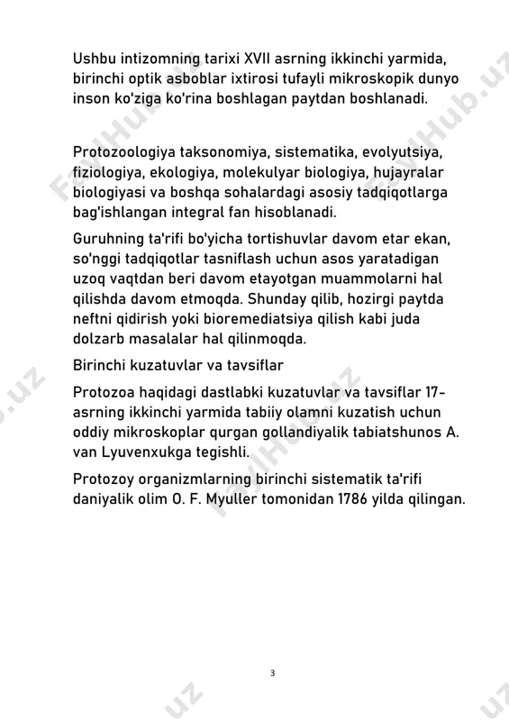 oydalanish massaji protozoa taksonomiyasi, sistematikasi, morfologiyasi va fiziologiyasini o'rganishda katta yutuqlarga erishdi. 6  xivchinlilar-odam parazitlari xivchinlilar (mastigophora) — sarkomastigoforalar tipiga mansub bir hujayrali hayvonlar sinfi (boshqa sistemaga koʻra kenja tip). 2 kenja sinf — oʻsimliksimon xivchinlilar va hayvonsimon xivchinlilarga ajratiladi. oʻsimliksimon xivchinlilarni botaniklar oʻsimliklar dunyosiga kiritishadi. xivchinlilarga 13turkumga birlashtiriladigan 7000 dan ortik, tur kiradi. tanasi duksimon, tuxumsimon, silindrsimon, sharsimon va boshqa shaklda. uz. 2—3 mkm dan (leyshmaniya) 1 mm gacha (ayrim opalinalar). xivchinlari 1 tadan bir necha mingtagacha, uz. bir necha 10 mkm. ayrim xivchinlilar xivchini asosida kinetoplast (kelib chiqishi bilan mitoxondriyalarga yaqin boʻlgan dnk saqlovchi organoid) boʻladi (kinetoplastidlar). 7 koʻpchilik dengiz va barcha parazit xivchinlilarning qisqaruvchi vakuoli boʻlmaydi. hujayra yadrosi, odatda, bitta; 2 yadroli (lyambliya) va kup yadroli (opalinalar) xivchinlilar ham bor. odatda, boʻyiga 2 ga boʻlinish orqali jinssiz koʻpayadi. bu jarayon oxirigacha bormaganida (boʻlinadigan individlar ajralib ketmaydi) koloniya hosil boʻladi. koʻpchilik xivchinlilarda jinsiy koʻpayish gametalar kopulyatsiyasi orqali …