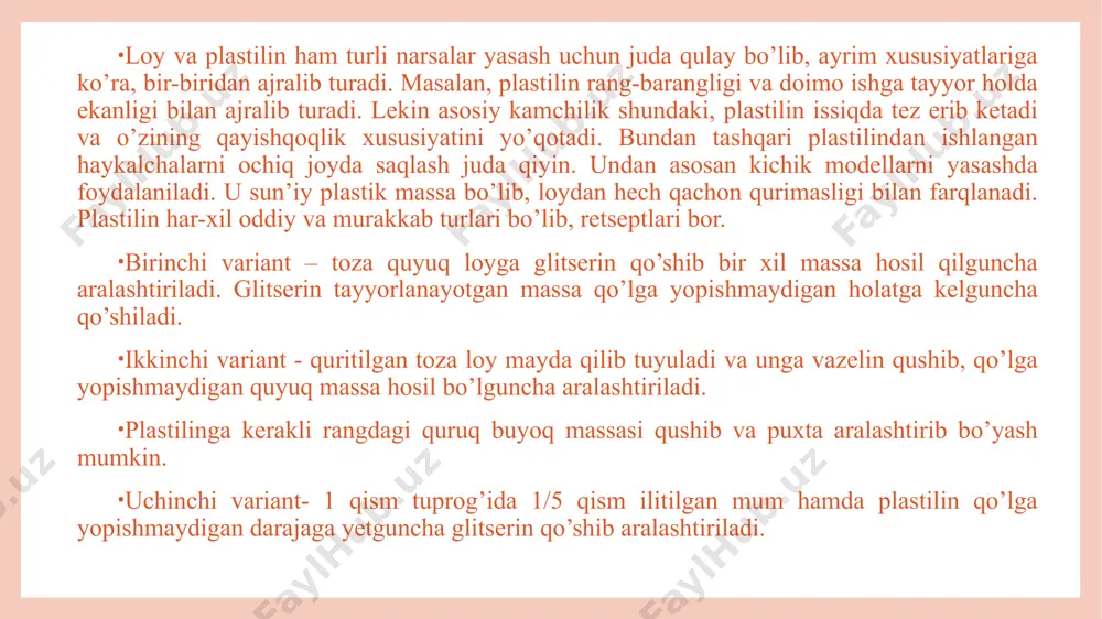 plastilindan ishlangan haykalchalarni ochiq joyda saqlash juda qiyin. undan asosan kichik modellarni yasashda foydalaniladi. u sun’iy plastik massa bo’lib, loydan hech qachon qurimasligi bilan farqlanadi. plastilin har-xil oddiy va murakkab turlari bo’lib, retseptlari bor. birinchi variant – toza quyuq loyga glitserin qo’shib bir xil massa hosil qilguncha aralashtiriladi. glitserin tayyorlanayotgan massa qo’lga yopishmaydigan holatga kelguncha qo’shiladi. ikkinchi variant - quritilgan toza loy mayda qilib tuyuladi va unga vazelin qushib, qo’lga yopishmaydigan quyuq massa hosil bo’lguncha aralashtiriladi. plastilinga kerakli rangdagi quruq buyoq massasi qushib va puxta aralashtirib bo’yash mumkin. uchinchi variant- 1 qism tuprog’ida 1/5 qism ilitilgan mum hamda plastilin qo’lga yopishmaydigan darajaga yetguncha glitserin qo’shib aralashtiriladi. plastilin va loydan narsalar yasashni u yaxshilab qo’lda ezilgandan keyin boshlash kerak. plastilin va loydan tashqari narsalar yasashda mumdan foydalaniladi. mumning tabiiy va sun’iy (neftdan olingan) turlari mavjud. mum ancha qimmat turadi va undan mayda narsalar yasaladi. mum bilan ishlash qulay, u qurimaydi, suv …