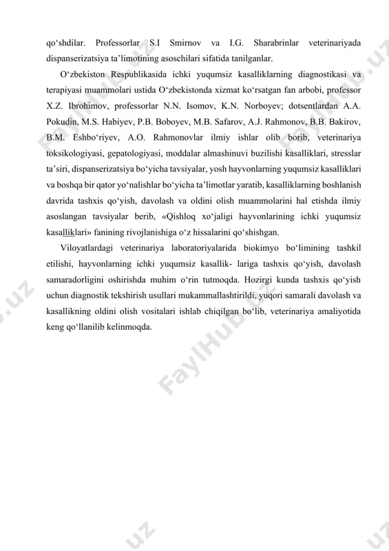 i oshirishda muhim o‘rin tutmoqda. hozirgi kunda tashxis qo‘yish uchun diagnostik tekshirish usullari mukammallashtirildi, yuqori samarali davolash va kasallikning oldini olish vositalari ishlab chiqilgan bo‘lib, veterinariya amaliyotida keng qo‘llanilib kelinmoqda. teri qoplamasi, teri hosilalari, teri, ko‘rinadigan shilliq pardalar va limfa tugunlarini tekshirish 1. teri qoplamasini tekshirish. teri qoplamasiga soch, jun, cho‘chqalarning tuki, pat, par va tivit kiradi. bularni tekshirish ham kasalliklarni aniqlashda katta ahamiyatga ega. teri qoplamasi ko‘rish va paypaslash usullari bilan tekshiriladi. bunda junlarning bir tekisligi, qalinligi, teriga yotib turishi, yaltiroqligi, tushishi aniqlanadi. teri hosilalarini tekshirish. ten hosilalariga shox, tuyoq va timoq kiradi. bu hosilalar ko‘rish va paypaslash usullari bilan tekshiriladi. tekshirganda ularning shakli, rivojlanganligi, yuzasi, butunligi, yaltiroqligi, og‘riq sezishi va qimirlashi aniqlanadi. terini tekshirish. terini tekshirganda uning fiziologik va pato- logik ko‘rsatkichlari tekshiriladi. terining fiziologik ko ‘rsatkichlarini aniqlash. bunda terming rangi, namligi, hidi, mahalliy harorati, yuzasi, elastikligi, sezuv- chanligi va og‘riq sezishi aniqlanadi. terining rangini oq tusdagi hayvonlarda …
