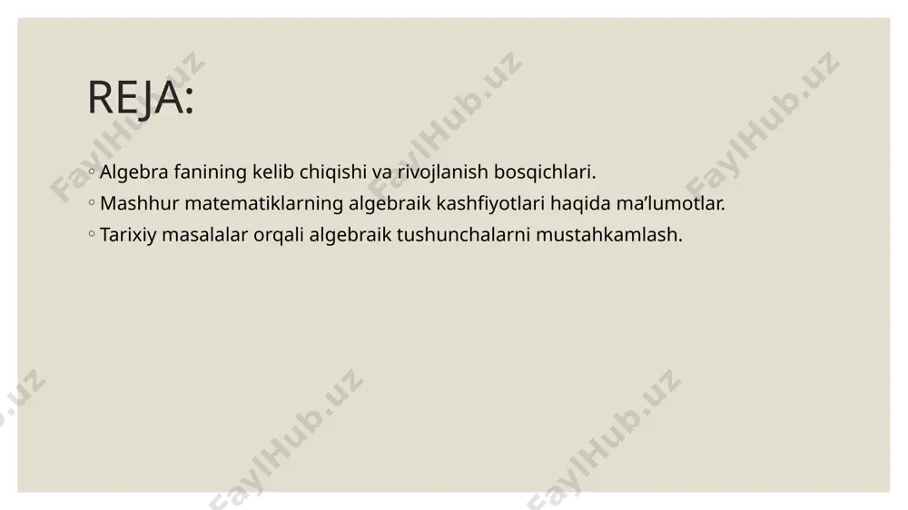 k tenglamalar yordamida ifodalash imkonini berdi. descartesning kashfiyotlari algebra va geometriyani integratsiya qilishning boshlang‘ich nuqtasini tashkil etdi. carl friedrich gauss algebraik va sonli analiz sohalaridagi ilg‘or ishlari bilan mashhurdir. uning "fundamental teoremasi" (har bir butun sonni algebralik ildizlarga ajratish mumkinligi) algebraik strukturadagi asosiy tushunchalardan biri hisoblanadi. gauss algebraik tenglamalar va ularning ildizlarini o‘rganishda katta yutuqlarga erishdi. évariste galois algebra sohasidagi inqilobiy kashfiyotlari bilan tanilgan. u "galois nazariyasi"ni yaratdi, bu polinomlarning ildizlari va simmetriyasini o‘rganish metodidir. galoisning kashfiyotlari algebraik tenglamalar va guruhlar nazariyasini birlashtirgan va polinomlar tenglamalarining yechilishini tahlil qilishda yangi yondashuvlarni keltirib chiqardi. niels henrik abel abel, algebraik tenglamalar nazariyasida chuqur iz qoldirgan boshqa bir muhim matematikdir. u, har qanday darajadagi algebraik tenglamalarni umuman yechish uchun biror bir umumiy formula mavjudligini rad etdi. bu fikr, galois nazariyasiga yo‘l ochgan va algebraik tenglamalarni yechishda yangi nazariy asoslarni yaratdi. tarixiy masalalar orqali algebraik tushunchalarni mustahkamlash. al-khwarizmiy algebra ilmiga katta hissa qo‘shgan muhim …