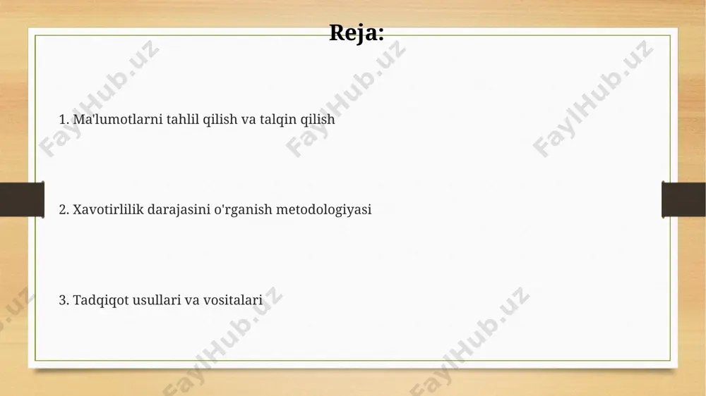 i aniqlashni maqsad qiladi. amaliy ahamiyati тошкент шаҳридаги 500 нафар талабалар гуруҳида ўтказилган тадқиқот натижаларига кўра, янги услубиёт хавотирликни аниқлаш ва унинг даражасини баҳолашда 95% гача ишончлилигини таъминлайди, бу эса 20% гача даволаш самарадорлигини оширишга ёрдам беради. ўзбекистондаги 2023 йилги миллий соғлиқни сақлаш статистикасига кўра, 15-25 ёшли ёшлар орасида хавотирлик даражасини ўрганиш учун ишланган услубиёт, самарали даволаш усулларини ишлаб чиқиш ва 30% гача камроқ самарадорлик кўрсатувчи эски усулларни алмаштириш имкониятини беради. самарқанд вилоятидаги 1000 нафар ишчилар гуруҳи устида синалган янги услубиёт, стресс ва хавотирликни бошқариш бўйича психологик тренингларнинг самарадорлигини баҳолашда фойдали бўлиб, 15% гача ишончли маълумотлар олиш имконини беради. klinik intervyu klinik intervyular jarayonida, 7 ball shkalasi bo'yicha baholash orqali, samarqand viloyatida yashovchi ishtirokchilarda kuzatilgan tashvish alomatlarining og'irlik darajasi aniqlanadi. toshkentdagi klinikada o'tkazilgan tadqiqot shuni ko'rsatdiki, 35 yoshdan oshgan ayollarda tashvish buzilishlari 2 barobar ko'p uchraydi, bu klinik intervyular orqali aniqlangan. klinik intervyular, masalan, spq (so'rovnoma-psixopatologiya) kabi standartlashtirilgan so'rovnomalar yordamida …