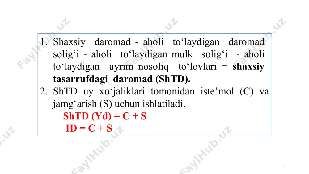 a +b (y – t) yd c uy xo‘jaliklari daromadlari uy xo‘jaliklari boyligi narxlar darajasi inflyatsiya kutilishi iste’molchilar qarzlari soliq solish darajasi makroiqtisodiy siyosat va bank tizimiga ishonch darajasi iste’mol omillari 11 2. iste’mol va jamg‘arishga o‘rtacha hamda chegaralangan moyillik. 12 makroiqtisodiy tahlil jarayonida iste’mol va jamg‘arish funksiyalarini yanada to‘laroq bilish uchun iste’mol va jamg‘arishga o‘rtacha moyillik va chegaralangan moyillik tushunchalarini mohiyatini anglab olishimiz lozim. iste’molga o‘rtacha moyillik deganda tasarrufidagi daromaddagi iste’mol xarajatlarining ulushi tushuniladi, ya’ni: apc = bunda: apc – (average propensity to consume) iste’molga o‘rtacha moyillik. 13 tasarrufidagi daromaddagi jamg‘arish ulushini jamg‘arishga o‘rtacha moyillik deb ataladi, ya’ni: aps = bunda: aps (average propensity to saving) – jamg‘armaga o‘rtacha moyillik. misol uchun, tasarrufidagi daromad darajasi 410 va 530 shartli birlikka va iste’mol darajalari 405 va 495 shartli birlikka teng bo‘lgan holatlar uchun iste’molga o‘rtacha moyillikni hisoblaymiz, ya’ni: apc =(405 / 410) x 100 = 98, 78% yoki 0,98; apc …