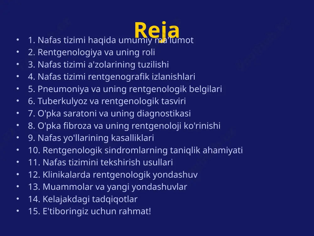 nafas olish jarayonini boshqaradi, unda ko'p hollarda kasalliklar va jarohatlar sodir bo'lishi mumkin. nafas tizimining bu murakkab tuzilishi uning to'g'ri ishlashi uchun muhim ahamiyatga ega. nafas tizimi rentgenografik izlanishlari nafas tizimini rentgenografik ravishda tekshirish davomida rentgen nurlari yordamida nafas yo'llari va o'pka tuzilmalari ko'rinadi. ushbu usul nafas kasalliklarini, shuningdek, o'pka yopilishi yoki o'zgarishlar kabi patologik jarayonlarni aniqlash imkonini beradi. rentgenografiya yordamida ko'rinadigan patologiyalar, masalan, o'pka saratoni, pateal infeksiya yoki o'pka fibroza holatlari, shifokorlarga davolanish jarayonini belgilashda yordam beradi. pneumoniya va uning rentgenologik belgilari pneumoniya – o'pka suyaklari va alveolalarining yallig'lanishi bo'lib, bu kasallikning belgilari rentgen tasvirida aniq ko'rinadi. rentgenogrammada o'pkaning yallig'langan sohalarini aniqlash mumkin, bular qizil nuqtalar yoki bulutlarga o'xshash ko'rinishda bo'lishi mumkin. pneumoniya diagnostikasi nafas tizimida yuz beradigan boshqa kasalliklardan ajratib olishga yordam beradi va bemorning davolanish rejasini samarali belgilashda muhim ahamiyatga ega. tuberkulyoz va rentgenologik tasviri tuberkulyoz – o'pka, nafas yo'llari va boshqa a'zolarni ta'sir qiluvchi infeksion kasallikdir. …