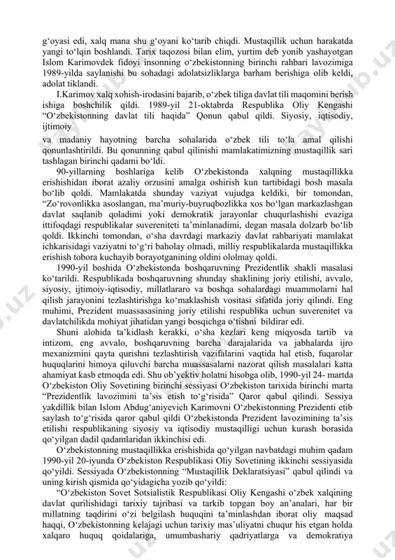 dlik, ishonchsizlik va norozilik kuchaydi. farg‘ona fojeasi yuz berdi. milliy о‘zlikni anglash boshlandi. о‘zbek tiliga davlat tili maqomini berilishi, paxta yakkahokimligini tugatilishi, ekologik holatni sog‘lomlashtirilishi о‘zbekistonda dolzarb masala sifatida kо‘tarildi. jamiyating barcha jabhalarini kompleks tarzda isloh qilishga harakatlar bо‘ldi. asosiy maqsad sovet jamiyatini tо‘liq demokratlashtirish deb aytildi. sssrda “saylov tizimini о‘zgartirshi tо‘g‘risida”gi qonun (1988-yil, dekabr) qabul qilindi. markaz о‘z ta’sirini kuchaytirish maqsadida о‘zbekistonda ‘‘paxta ishi’’, ‘‘о‘zbek ishi’’, kabi uydirmalar о‘ylab topildi. 1984-1990-yillarda 30-50-yillarida sodir bо‘lgan qatag‘onlardan kam bо‘lmagan bedodliklar yuz berdi. qayta qurish siyosati ham sssr davlatini muqarrar inqirozdan qutqarib qola olmadi. davlatda inqiroz boshlandi. ittifoqdosh respublikalarda milliy о‘zlikni anglash va mustaqillik sari dadil qadamlar qо‘yildi. xx asrning 80-yillari oxirida о‘zbekistonning ijtimoiy-siyosiy hayotida о‘zgarish boshlandi. odamlar xilma-xil fikrlar bildirish, dillaridagini oshkora ayta olish imkoniga ega bо‘la boshladilar. о‘zbek xalqining dilidagi g‘oya- mustaqillik g‘oyasi edi, xalq mana shu g‘oyani kо‘tarib chiqdi. mustaqillik uchun harakatda yangi tо‘lqin boshlandi. tarix taqozosi bilan elim, …